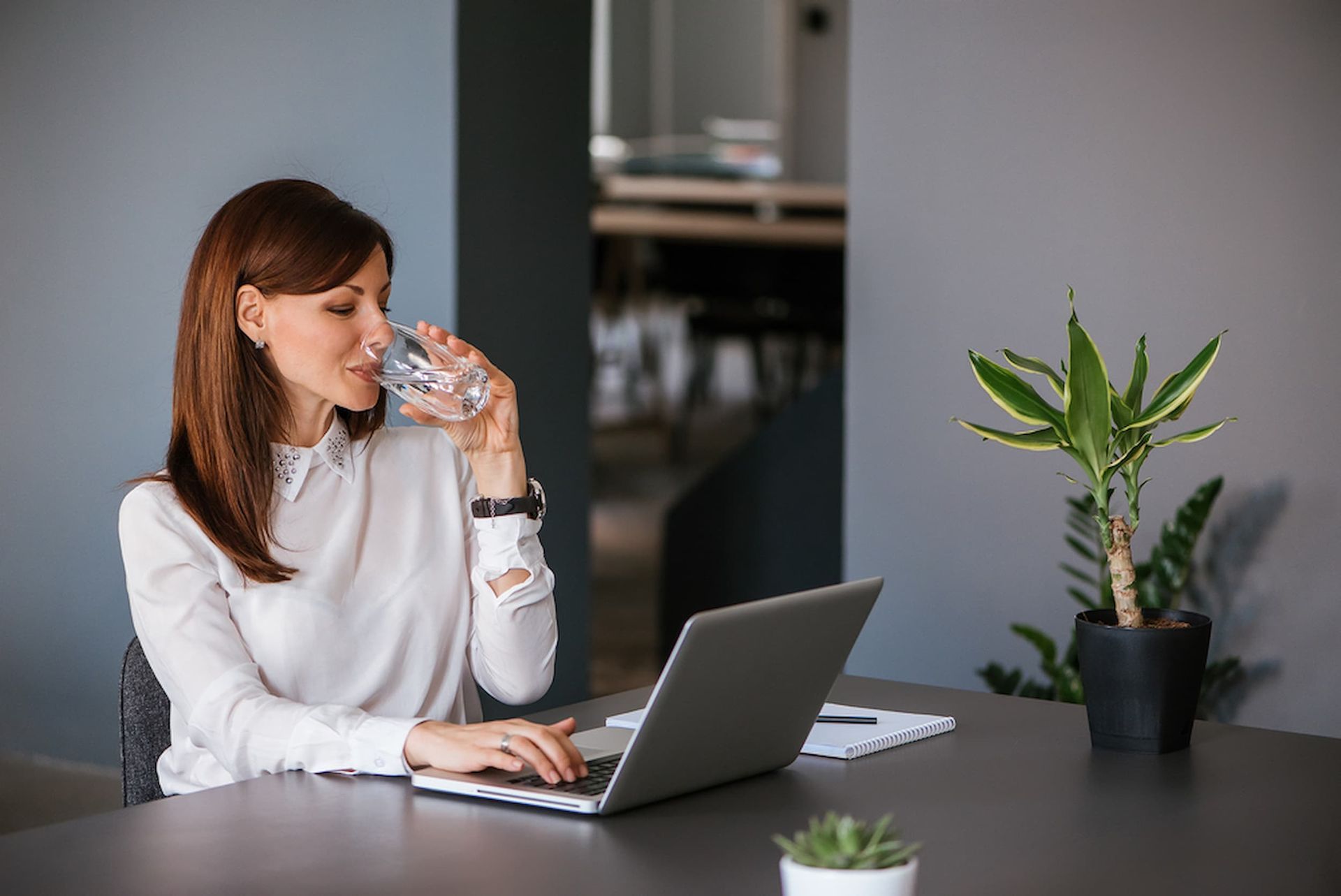 A Woman Is Drinking Water While Using a Laptop Computer — Billabong Springs in Ipswich, QLD
