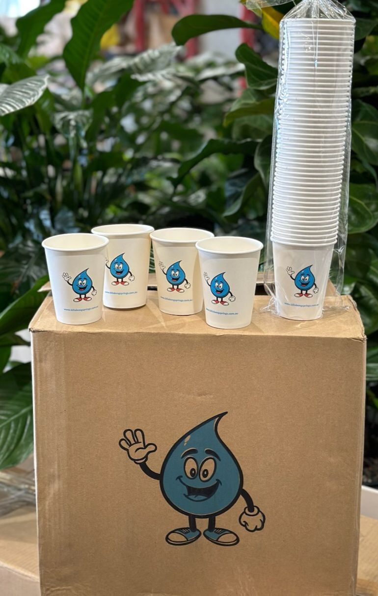 A Box Of Paper Cups With A Water Drop On It — Billabong Springs in Jimboomba, QLD