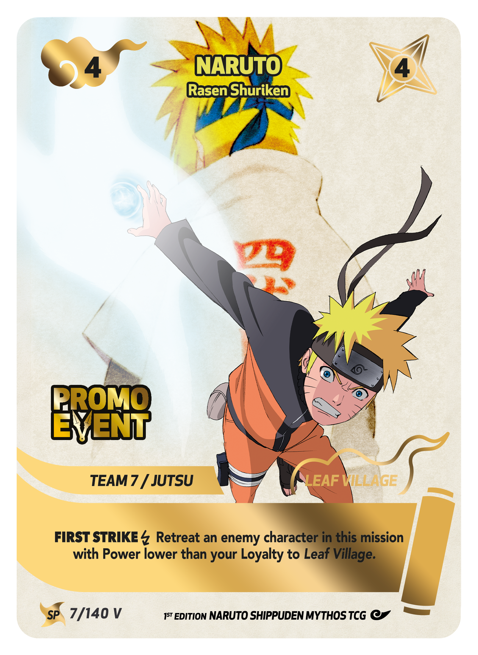 Carta collezionabile di NARUTO Uzumaki con sfondo arancione, ritratto in stile anime e statistiche di attacco negli angoli