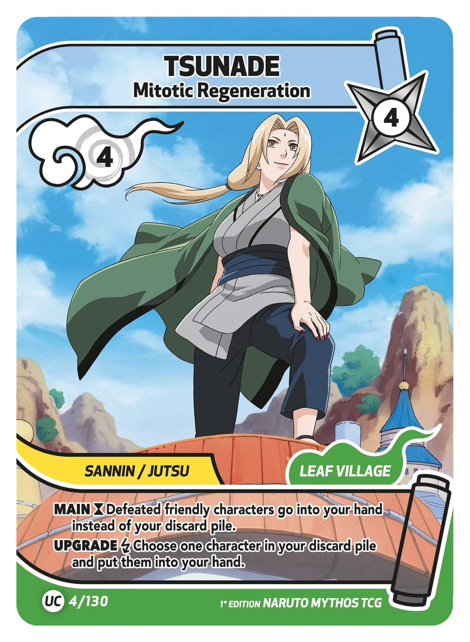 Tsunade Naruto card art with green cloak, pointing pose, blue sky, Leaf Village badge and attack icons