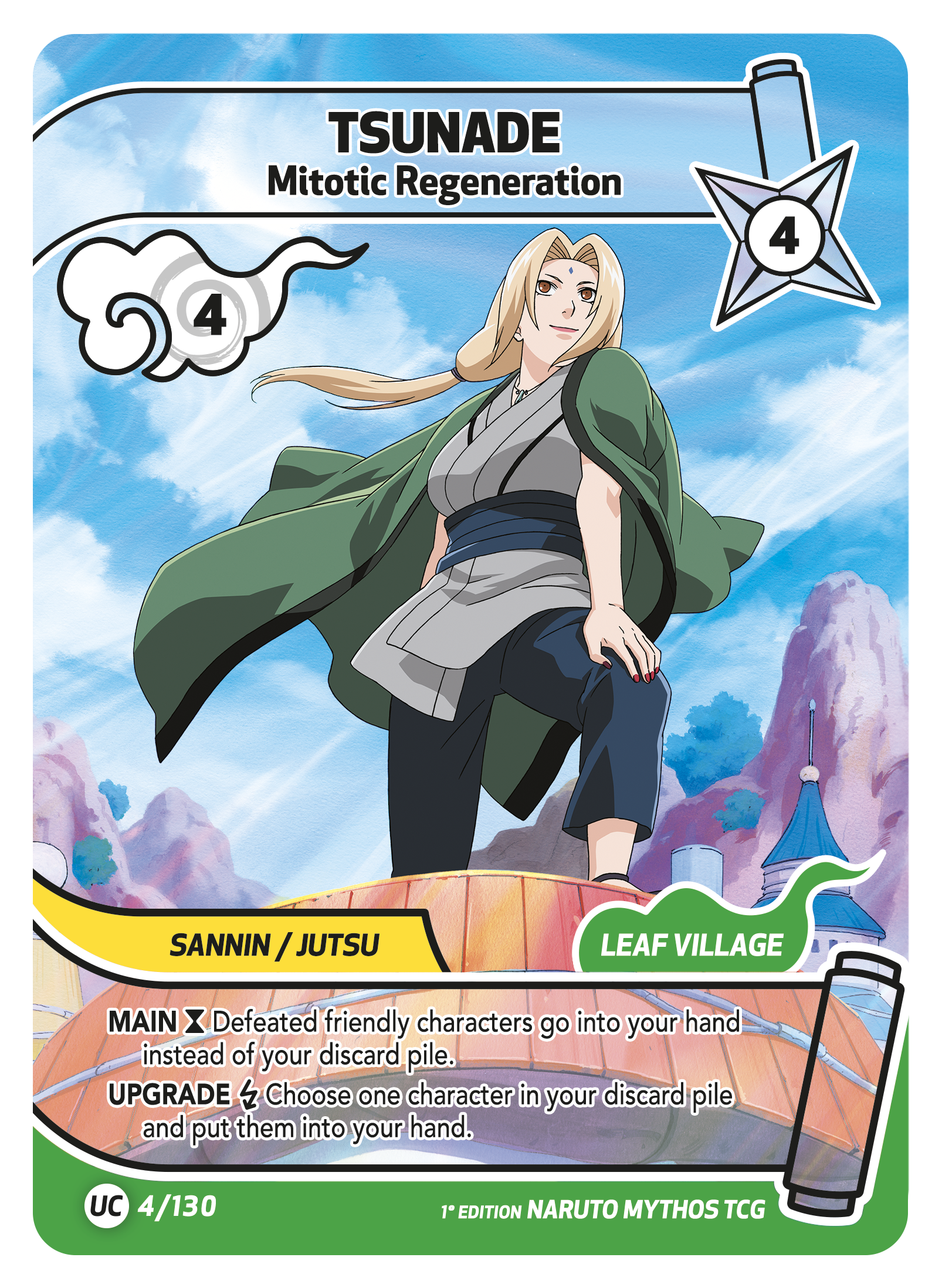 Tsunade character card from Naruto, in green cloak with 
