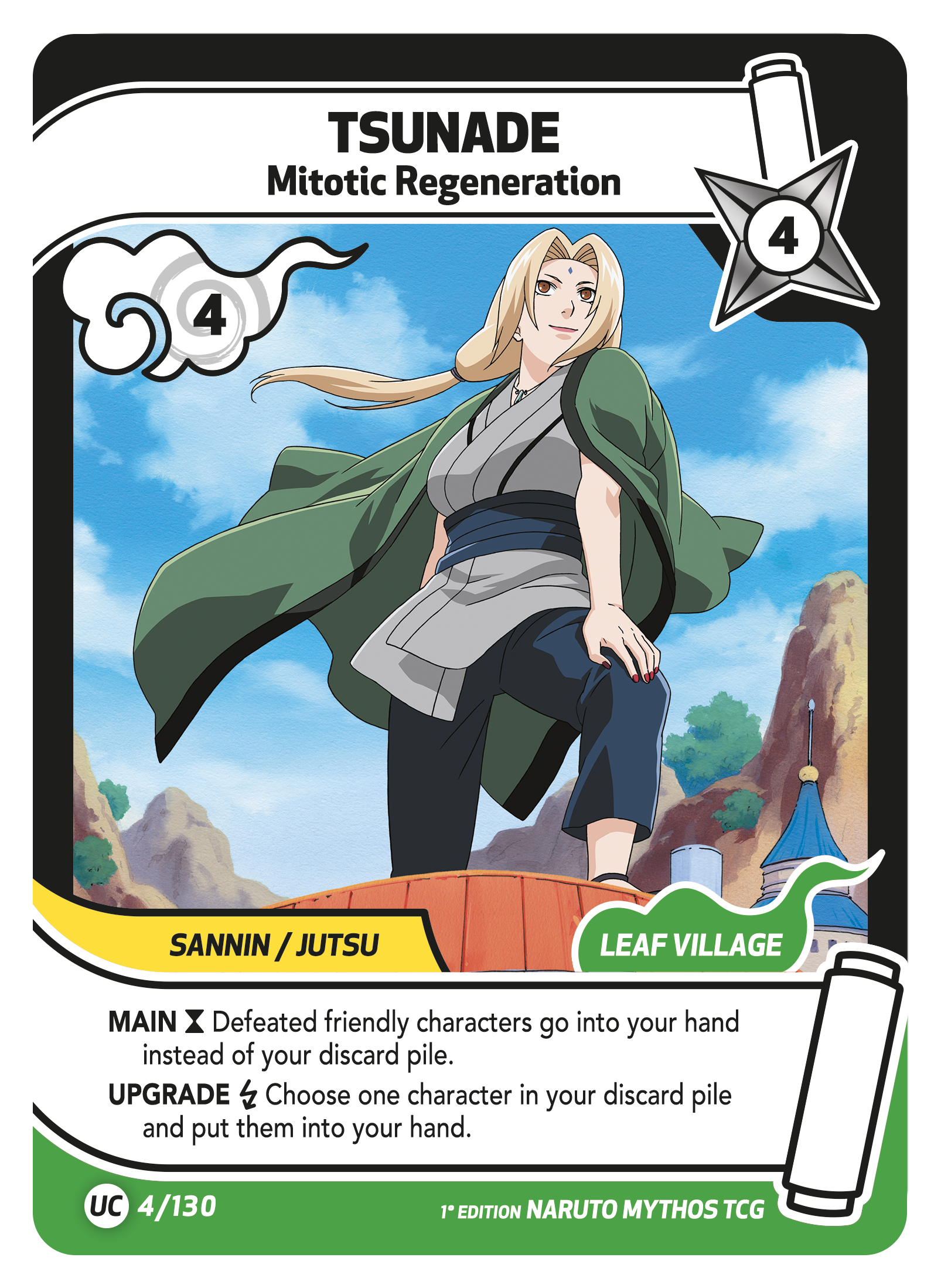 Tsunade card art, “Mitotic Regeneration,” showing her in a green cloak with a leopard summoned beside her.