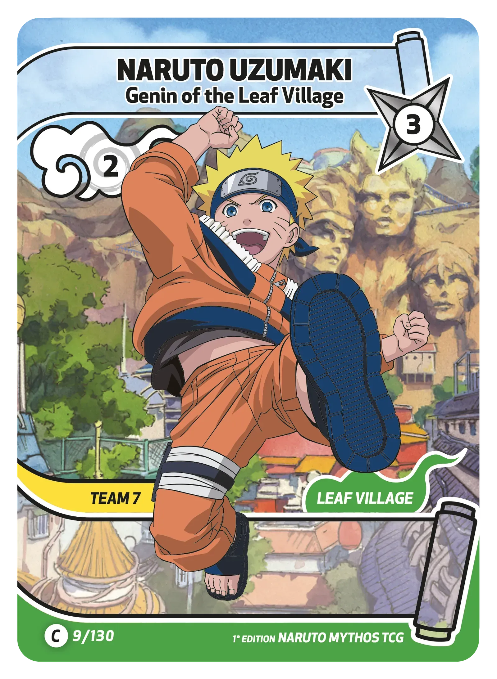 Naruto Uzumaki trading card, jumping forward in orange outfit with Hidden Leaf Village background.