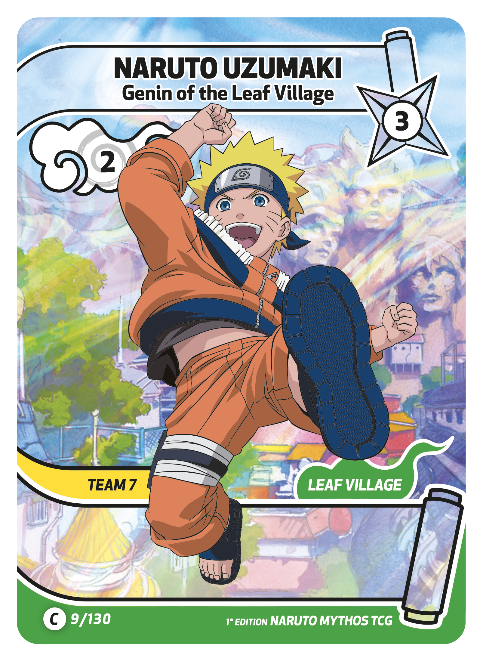 Naruto Uzumaki in orange ninja gear, mid-kick in front of the Hidden Leaf Village, trading card art