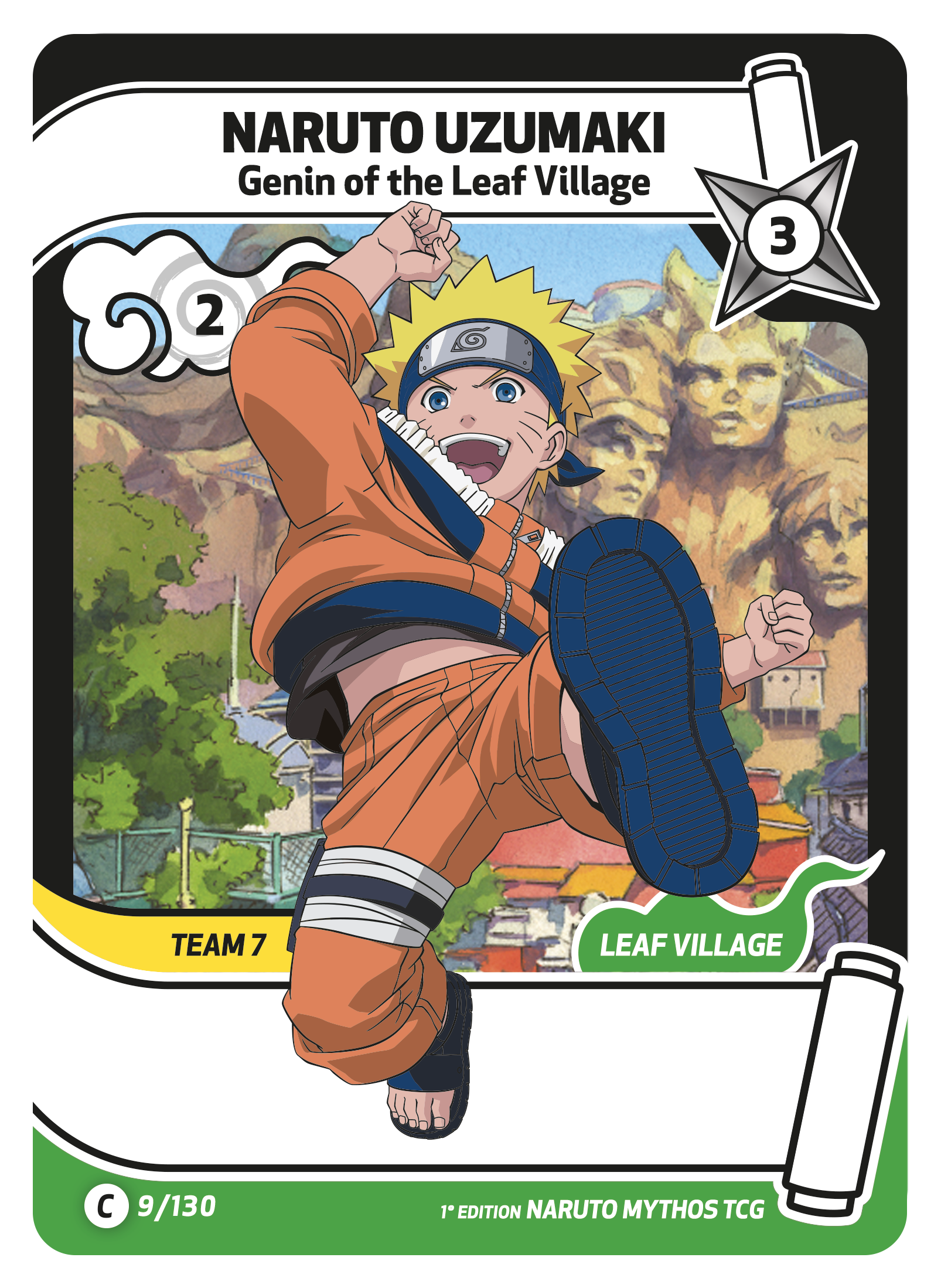 Naruto Uzumaki card art with him jumping in orange outfit, Leaf Village backdrop, Team 7 label.