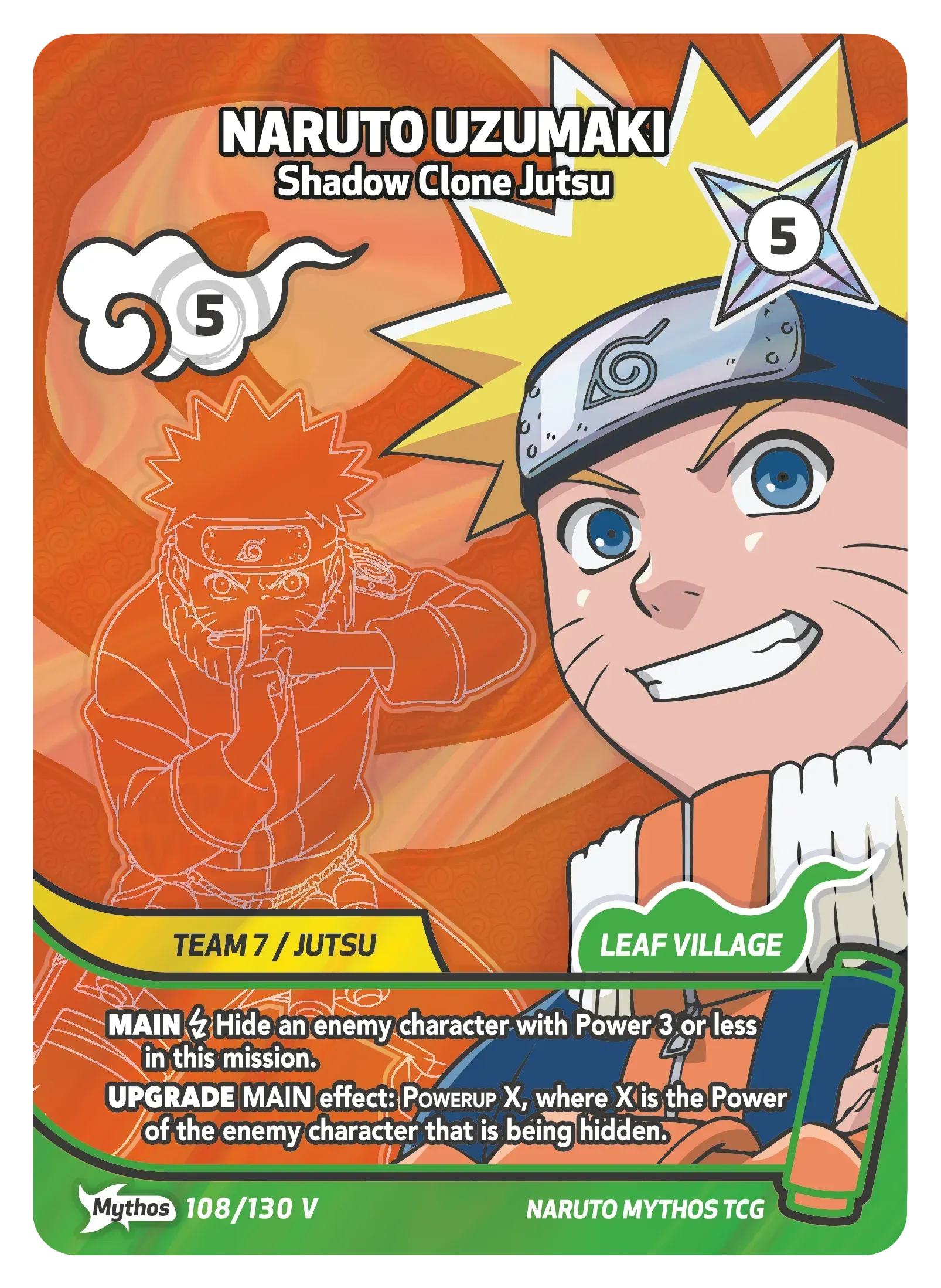 Sasuke Uchiha anime card in dark blue, attacking with a glowing hand and shard effect, with stats and text.