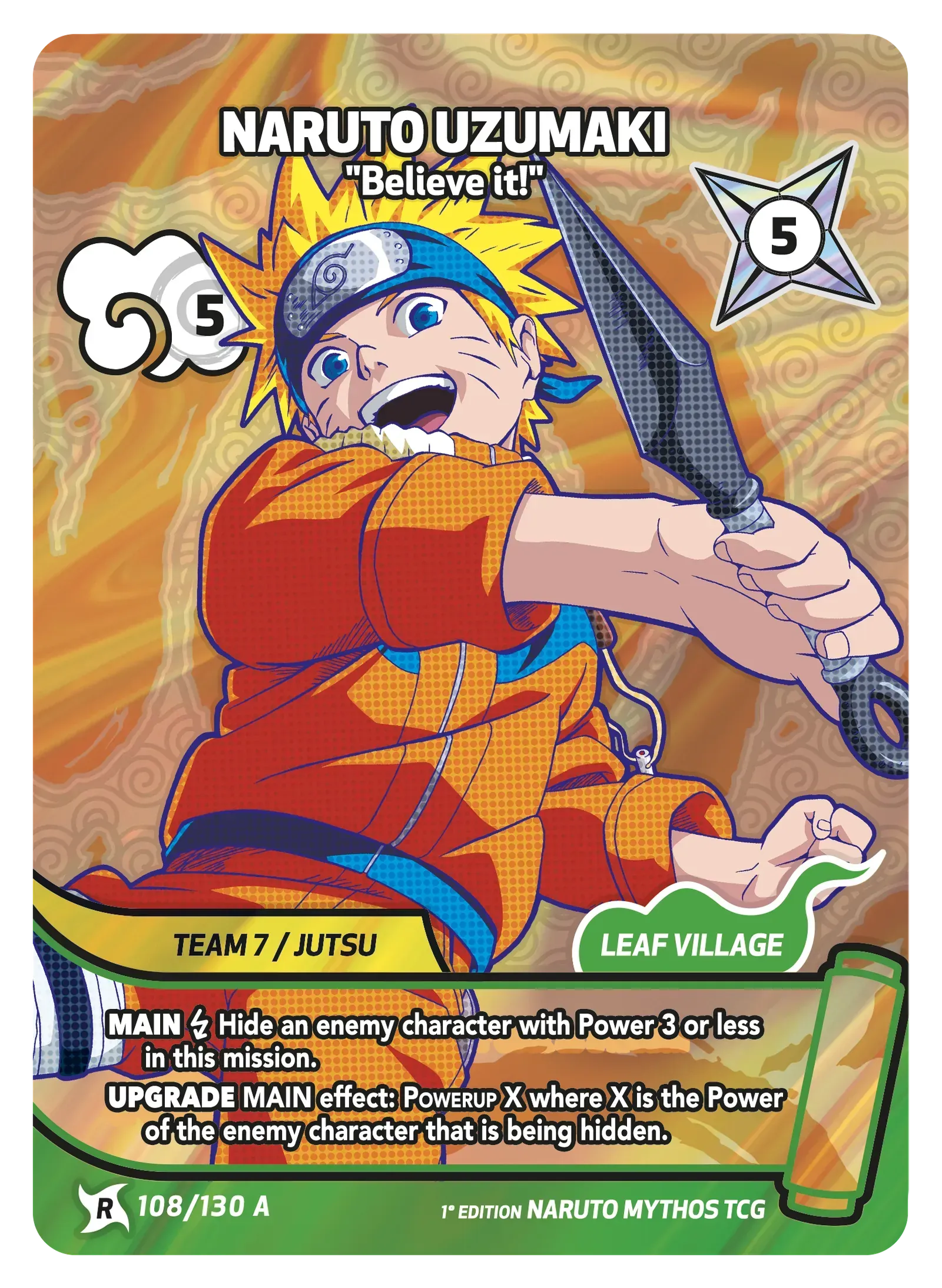 Naruto Uzumaki trading card, orange outfit, action pose, with Leaf Village emblem and stats.
