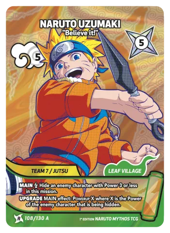 Naruto Uzumaki trading card, orange outfit, action pose, with Leaf Village emblem and stats.