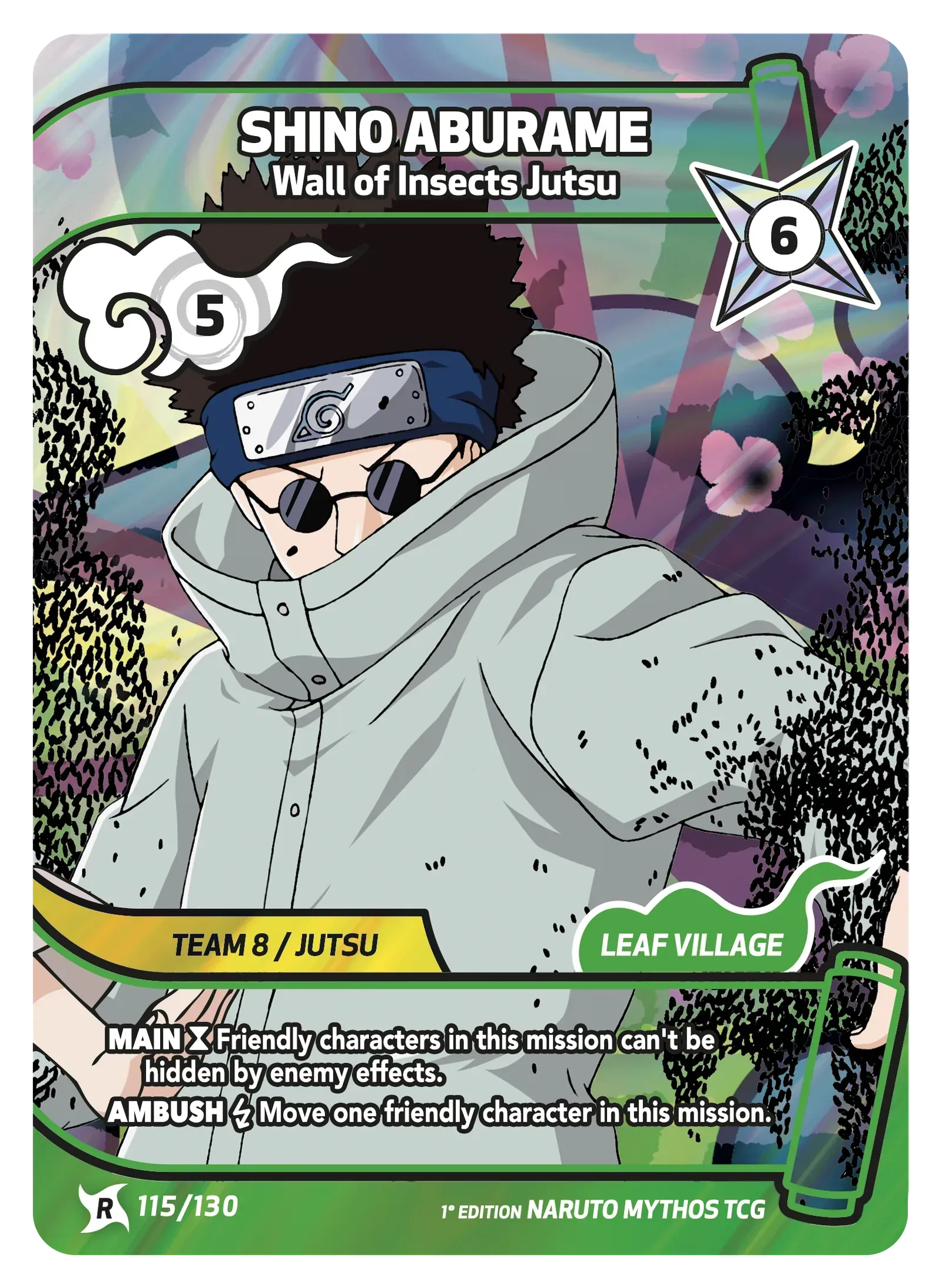 Shino Aburame anime card in a gray hooded outfit with insect-themed effects and stats.