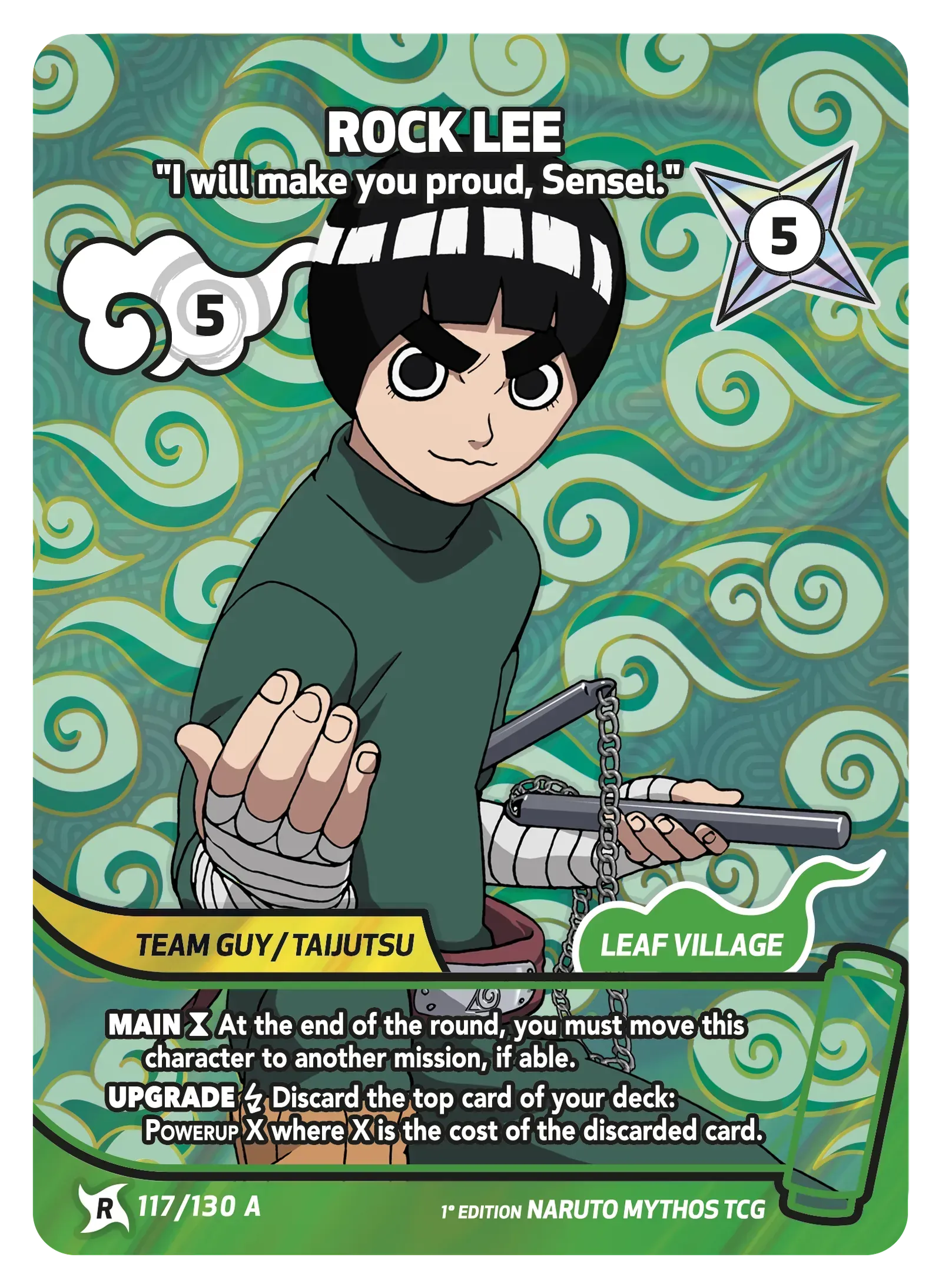 Rock Lee trading card with green spiral background, action pose, and “Leaf Village” text