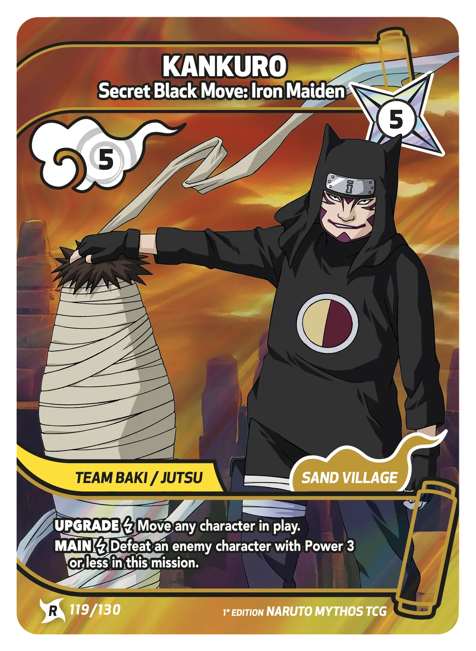 Kankuro trading card with black-clad ninja, puppet, and orange desert background