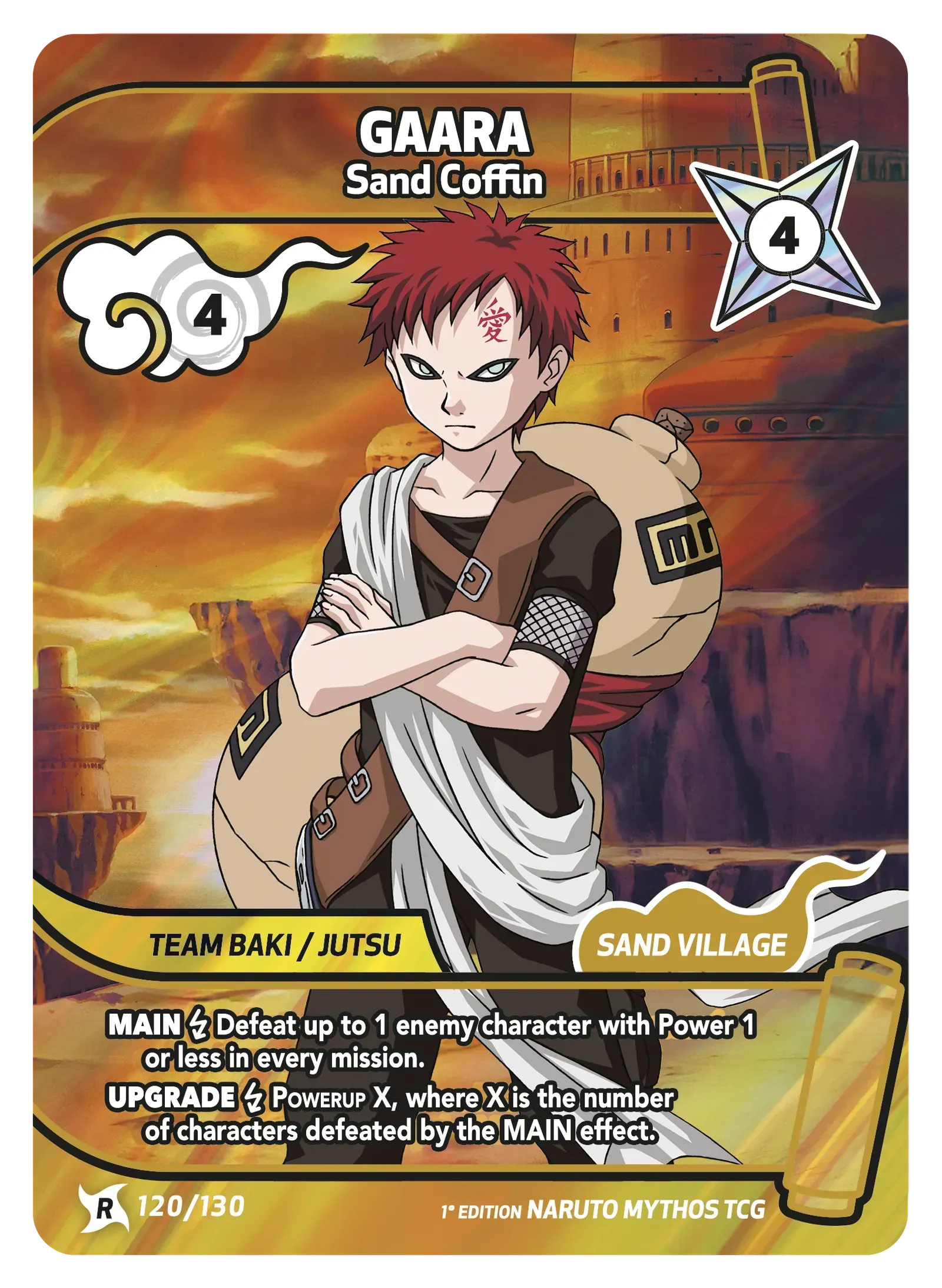 Gaara “Sand Coffin” trading card with red-haired character and sand-themed background