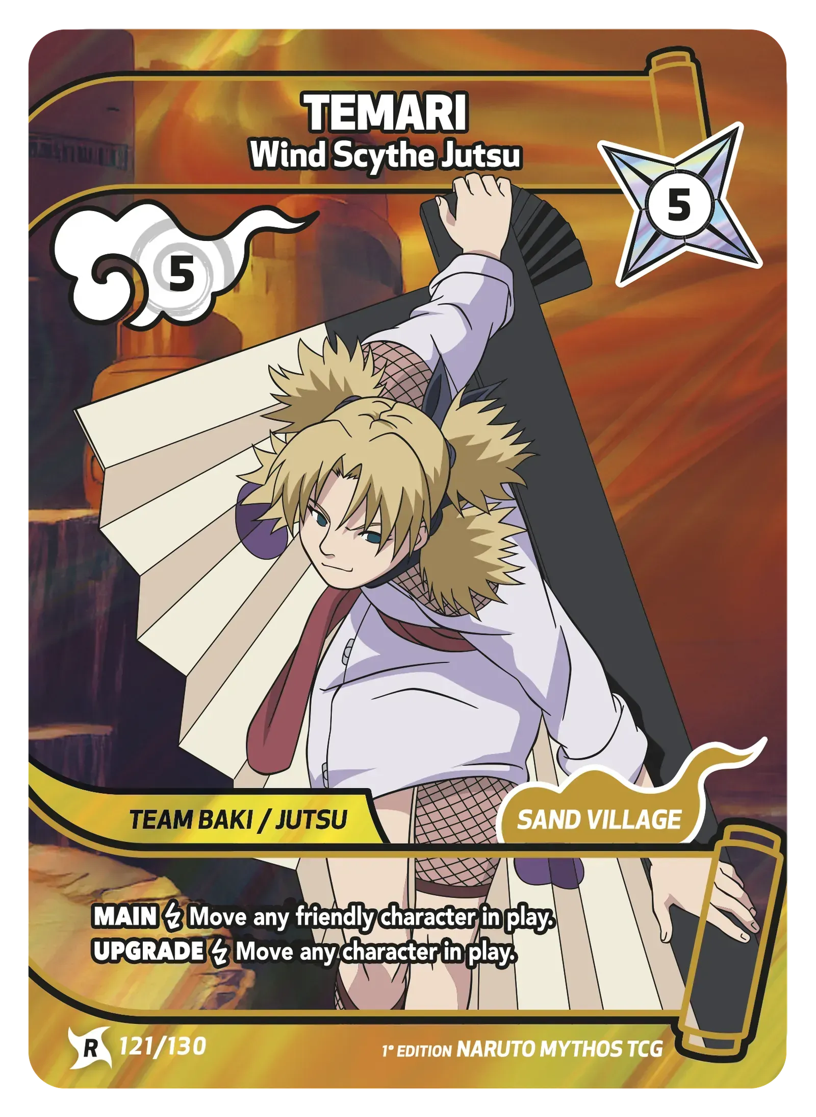 Temari Ninja Card with wind scythe jutsu, blond character in action pose against orange background