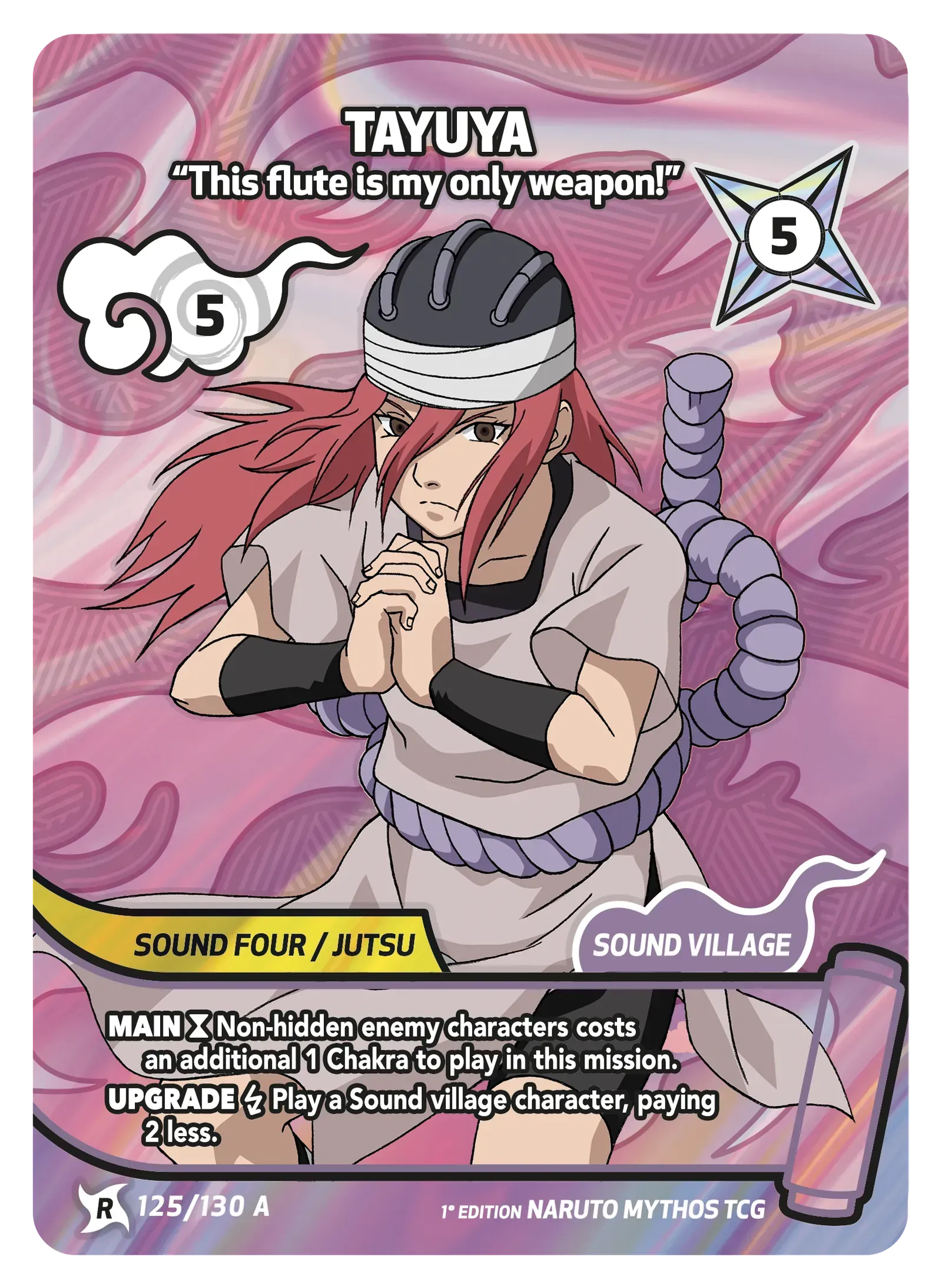 Tayuya trading card with pink swirling background, crossed arms, and the quote “This flute is my only weapon”