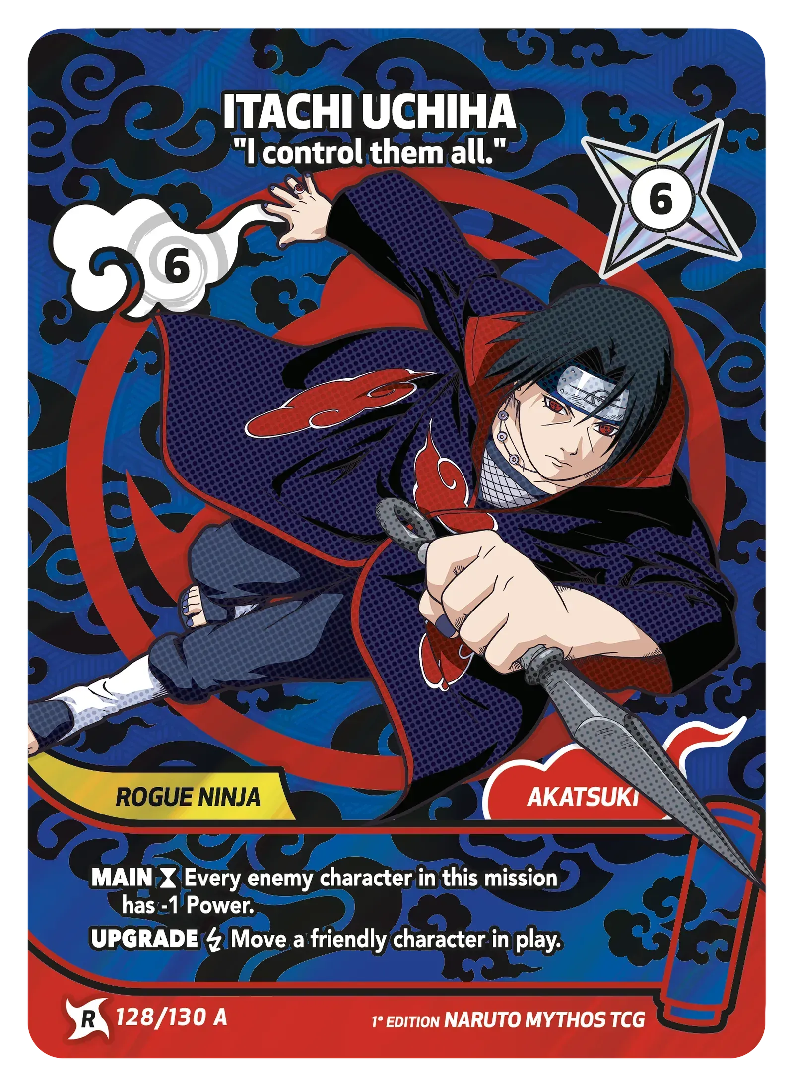 Itachi Uchiha Naruto trading card with red-and-blue art and the quote, “I control them all.”