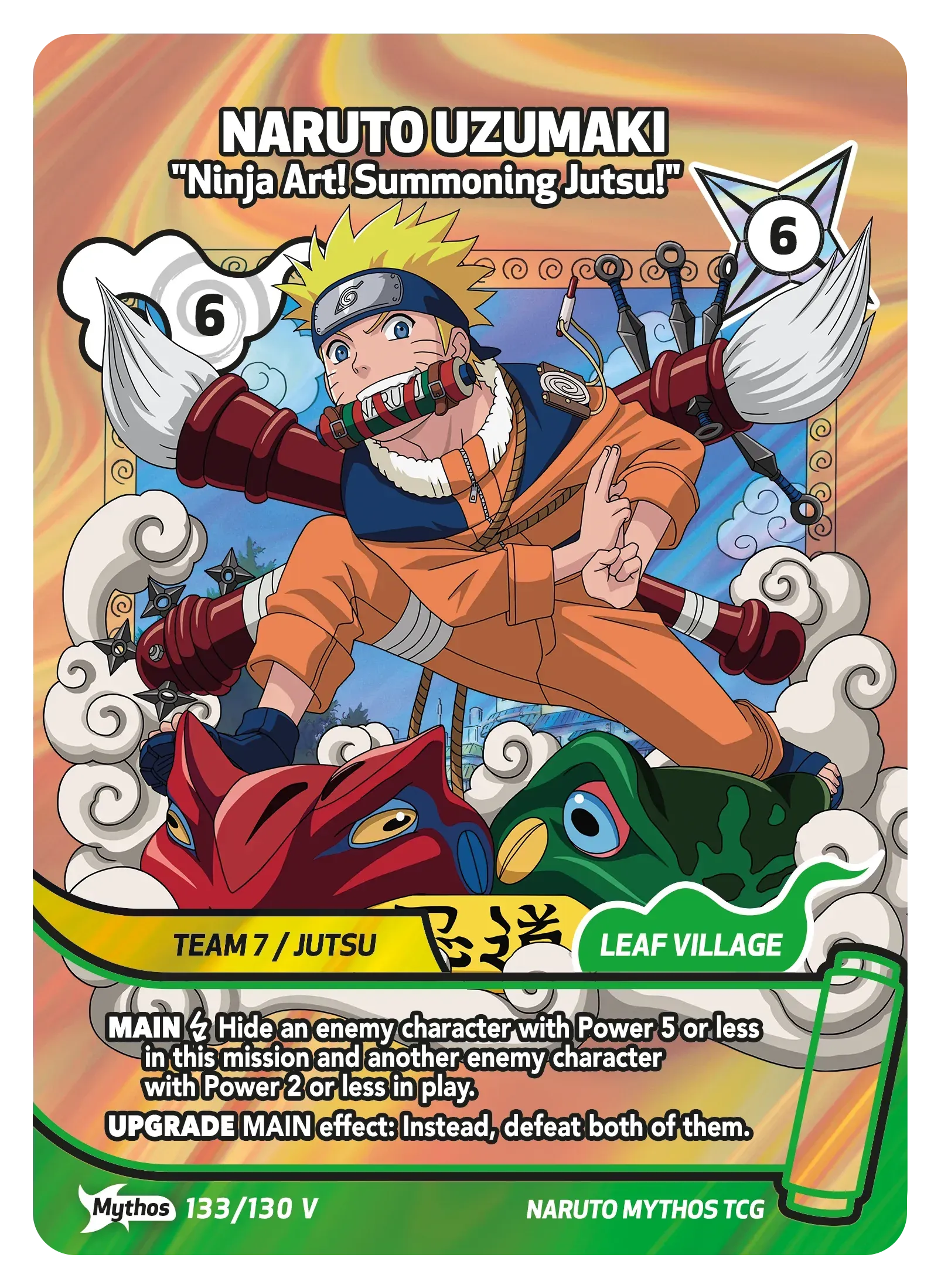 Naruto Uzumaki trading card with orange background, anime portrait, and attack stats in corners