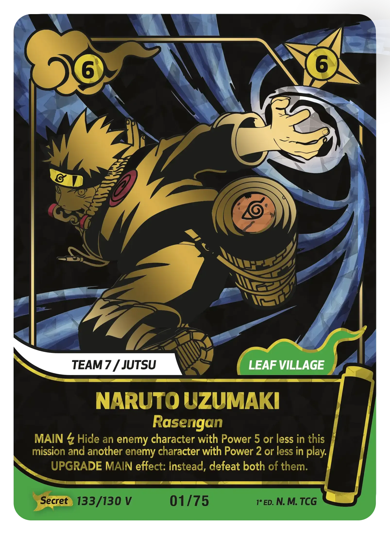 Naruto Uzumaki trading card with him attacking, yellow-orange art and blue energy swirls