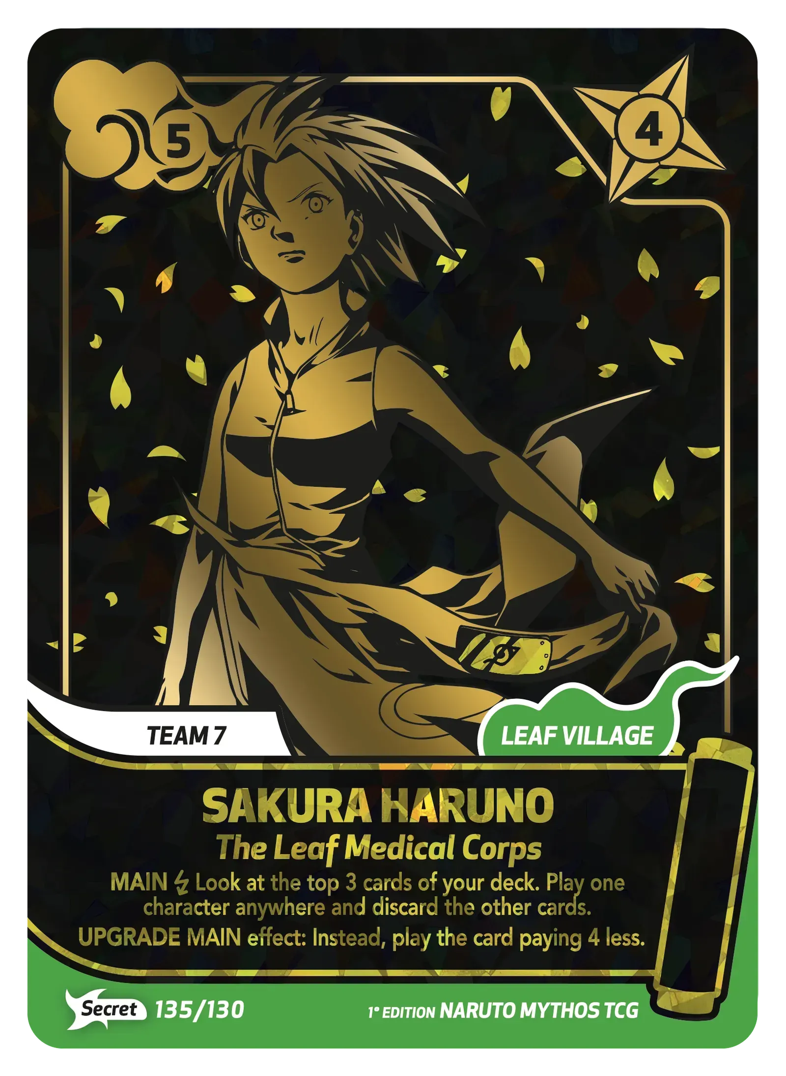 Sakura Haruno Leaf Village anime card in black and gold with petals and medical corps title