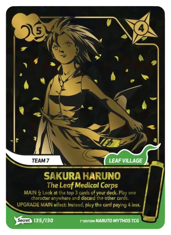 Sakura Haruno Leaf Village anime card in black and gold with petals and medical corps title