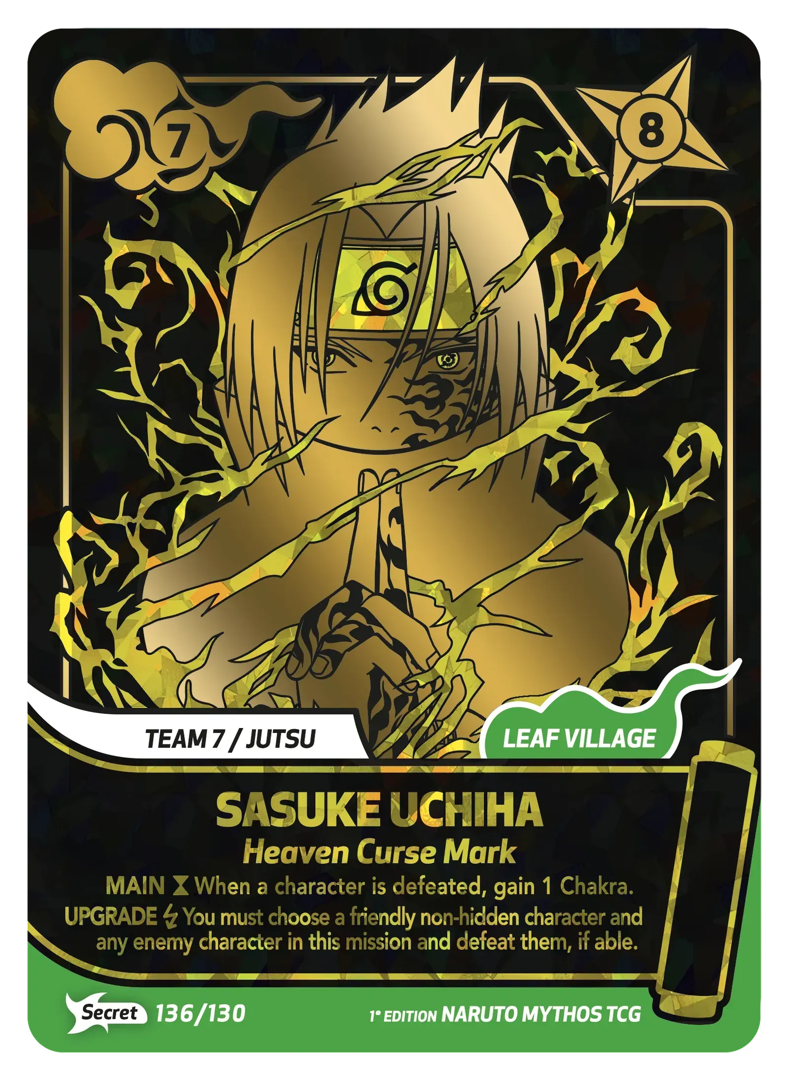 Naruto anime trading card with gold Leaf Village design and character portrait