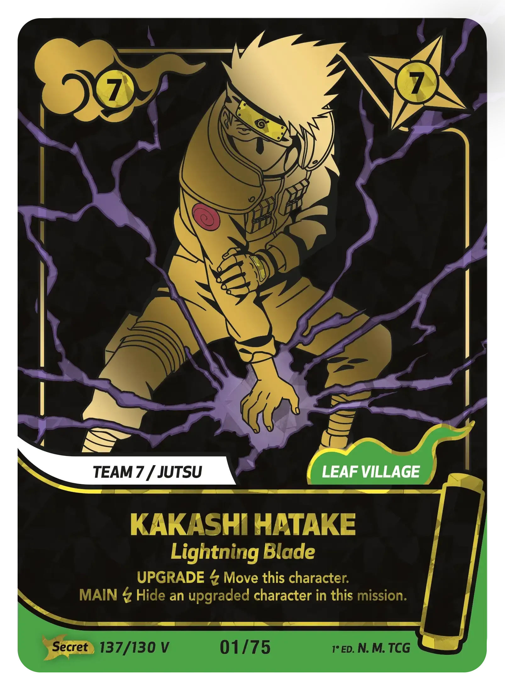 Gold-and-black Pokémon card showing Kakashi Hatake in a lightning pose with purple energy bolts.