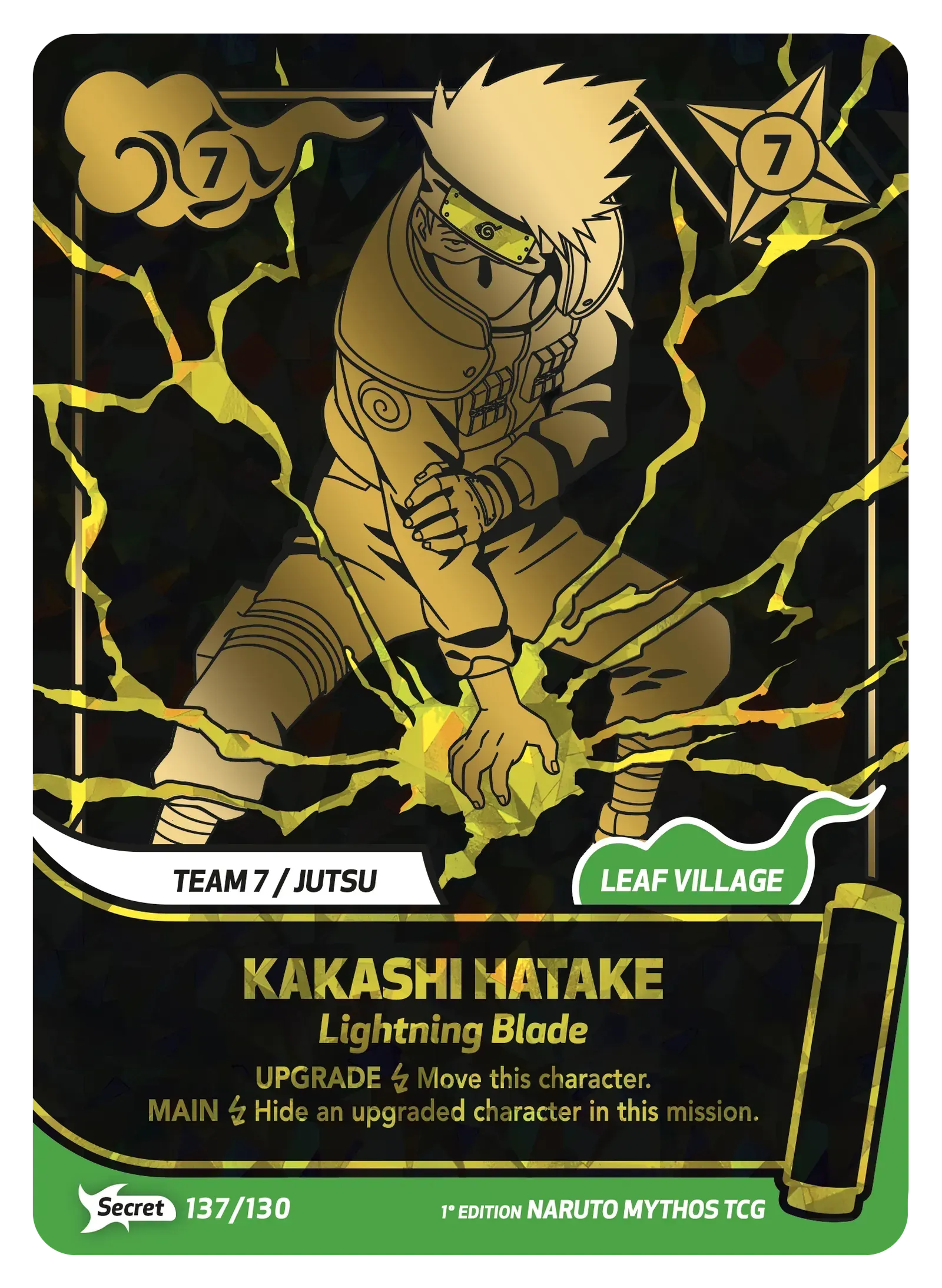 Kakashi Hatake trading card with lightning effects, Team 7/Atsu labels, and Leaf Village badge