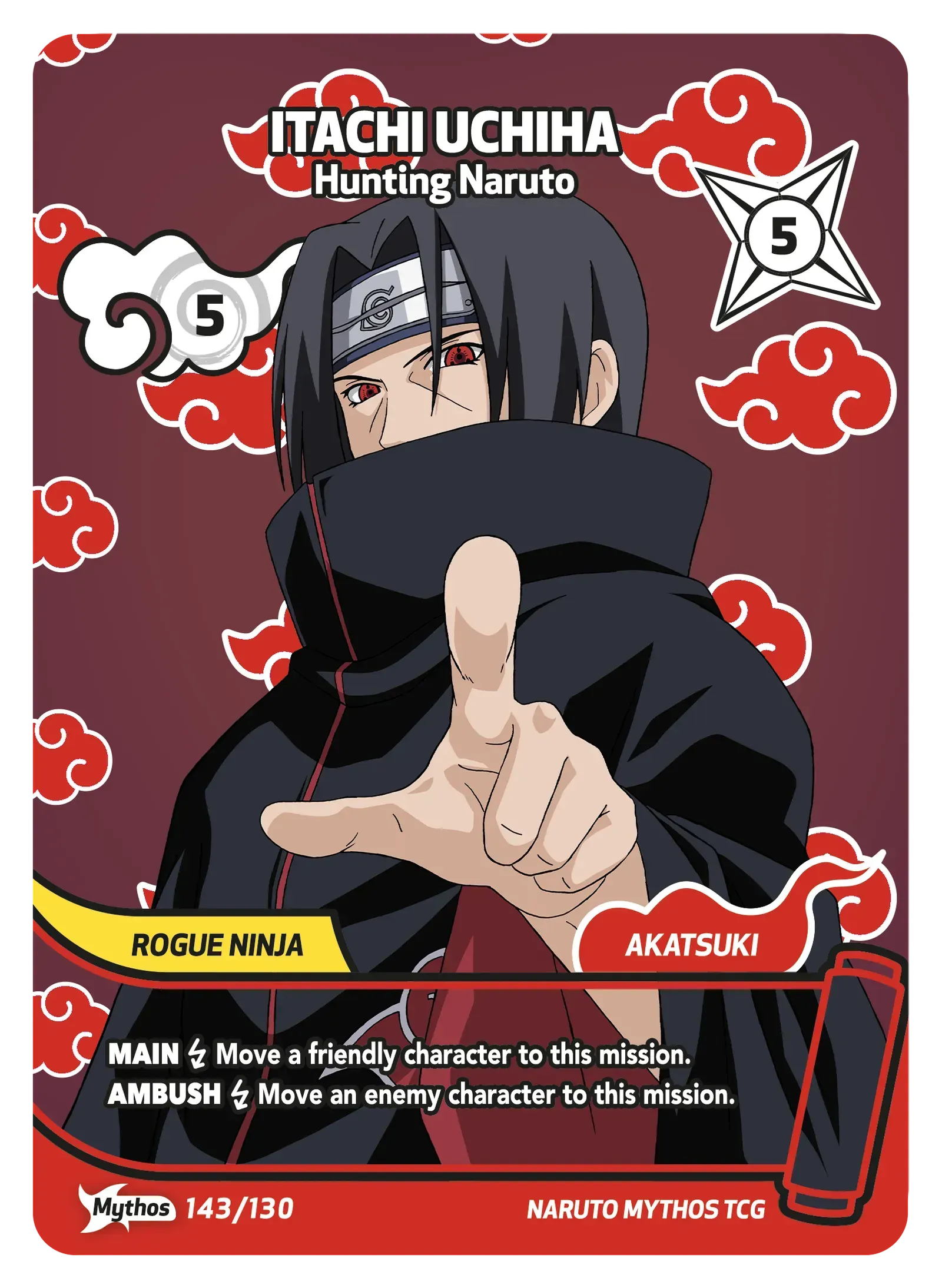 Itachi Uchiha Naruto trading card, red Akatsuki background, pointing forward in black cloak