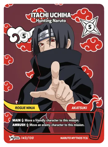 Itachi Uchiha Naruto trading card, red Akatsuki background, pointing forward in black cloak