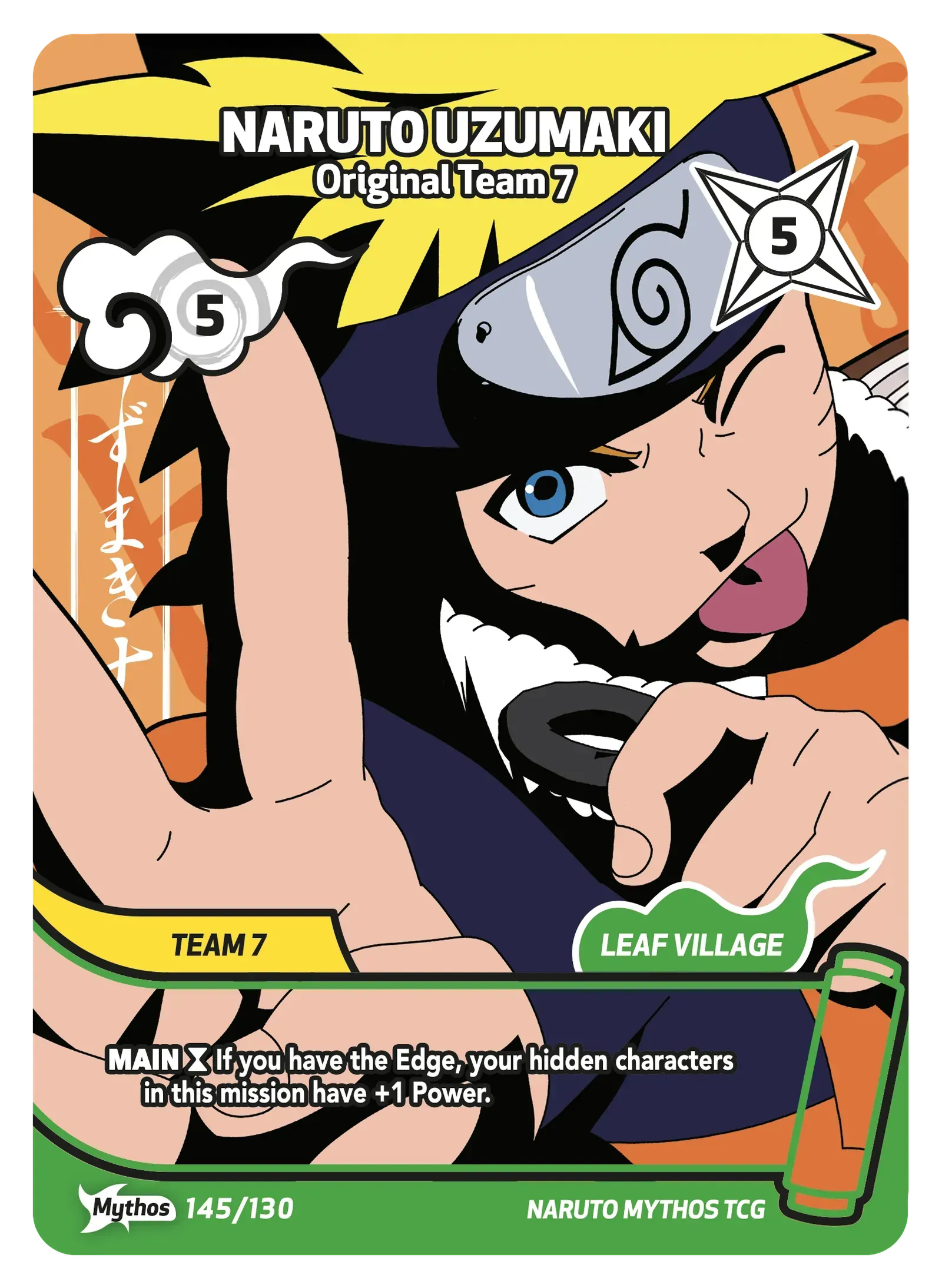Naruto Uzumaki trading card, orange background, winking anime character in Leaf Village headband