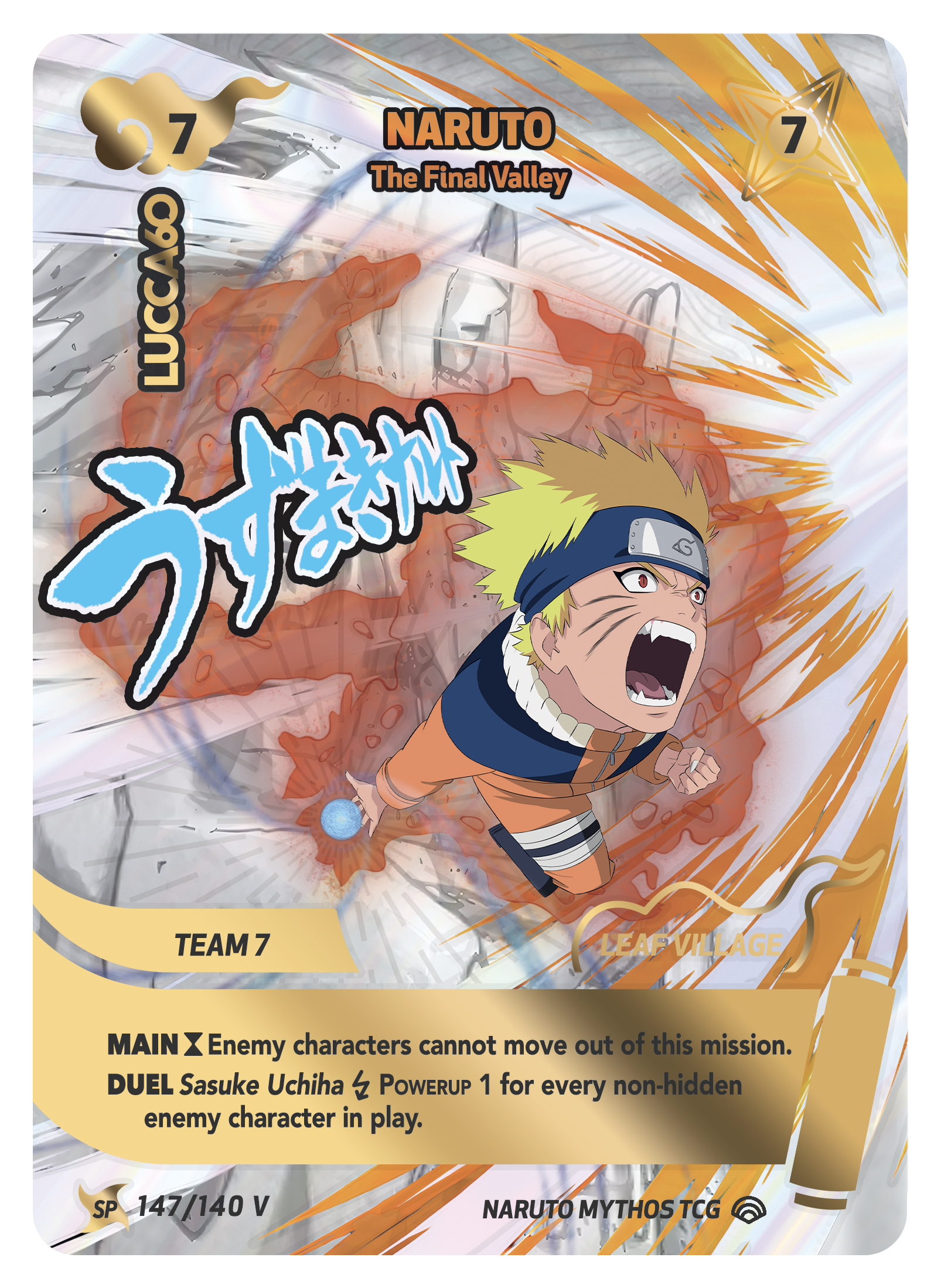 Carta collezionabile di NARUTO Uzumaki con sfondo arancione, ritratto in stile anime e statistiche di attacco negli angoli