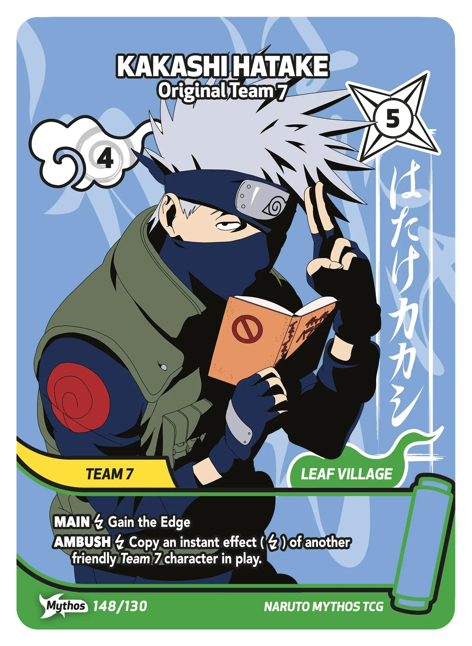 Kakashi Hatake trading card in blue, showing the masked ninja with white hair and green vest.