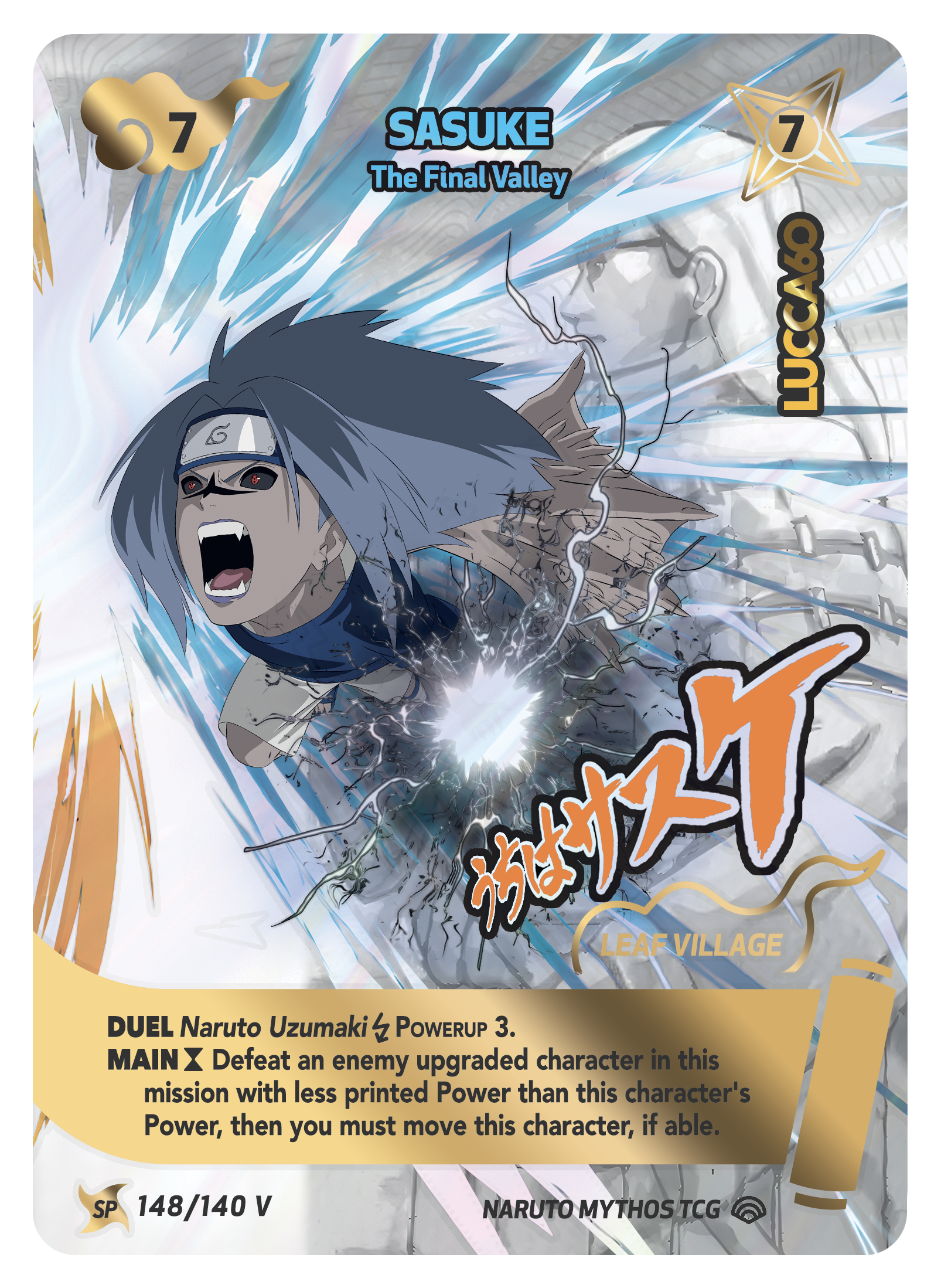 Carta Sasuke “The Final Valley” di NARUTO Mythos TCG con il timbro Lucca