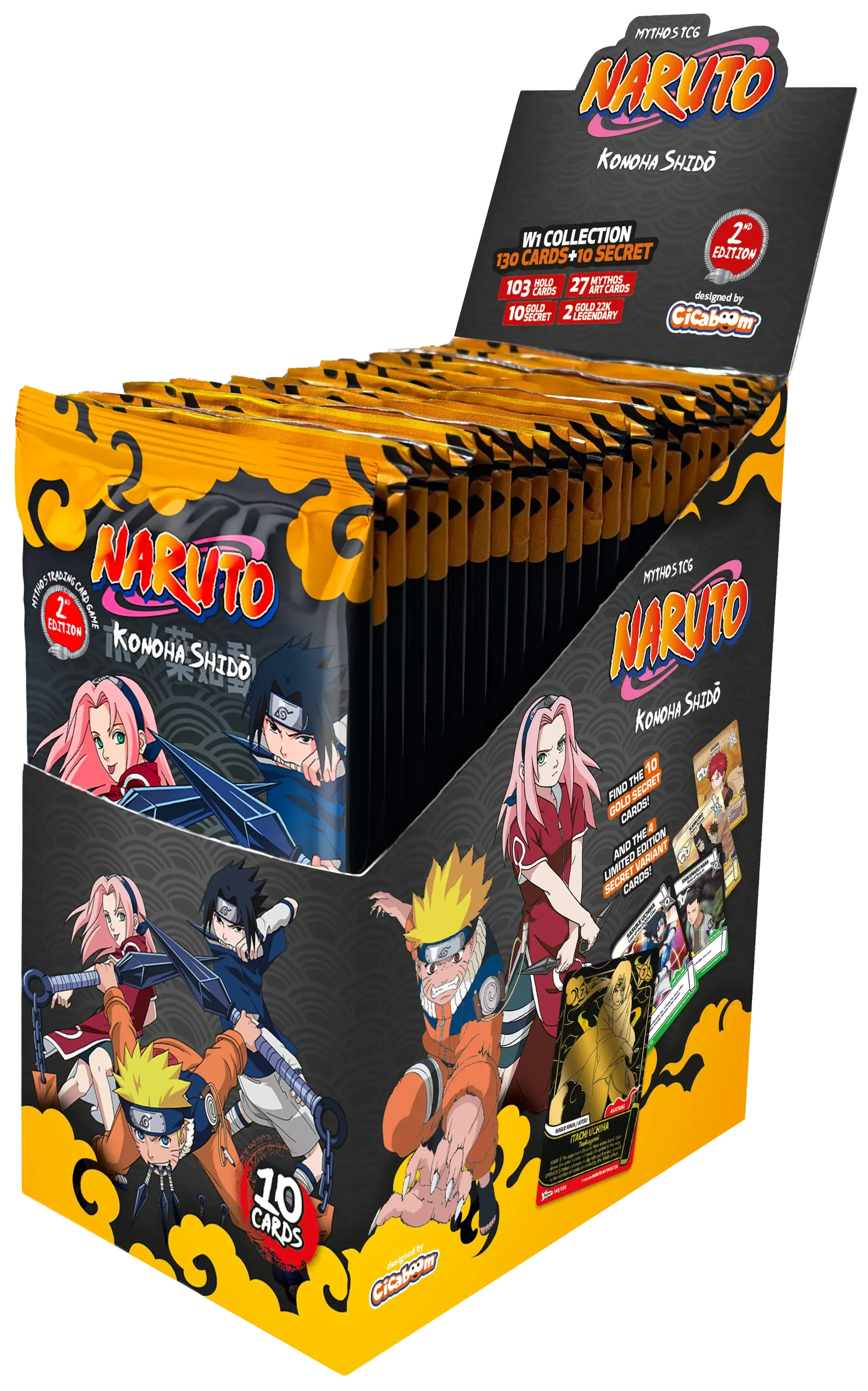 Display box of Naruto trading cards with anime characters and orange-black packaging