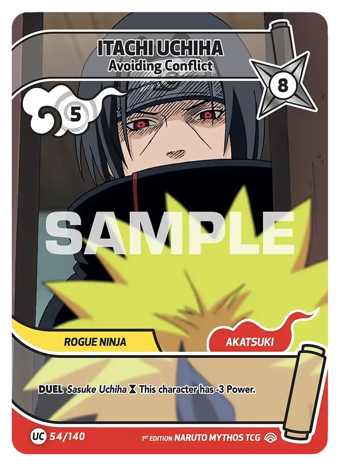Naruto Uzumaki trading card with yellow-and-black artwork and Konohagakure logo