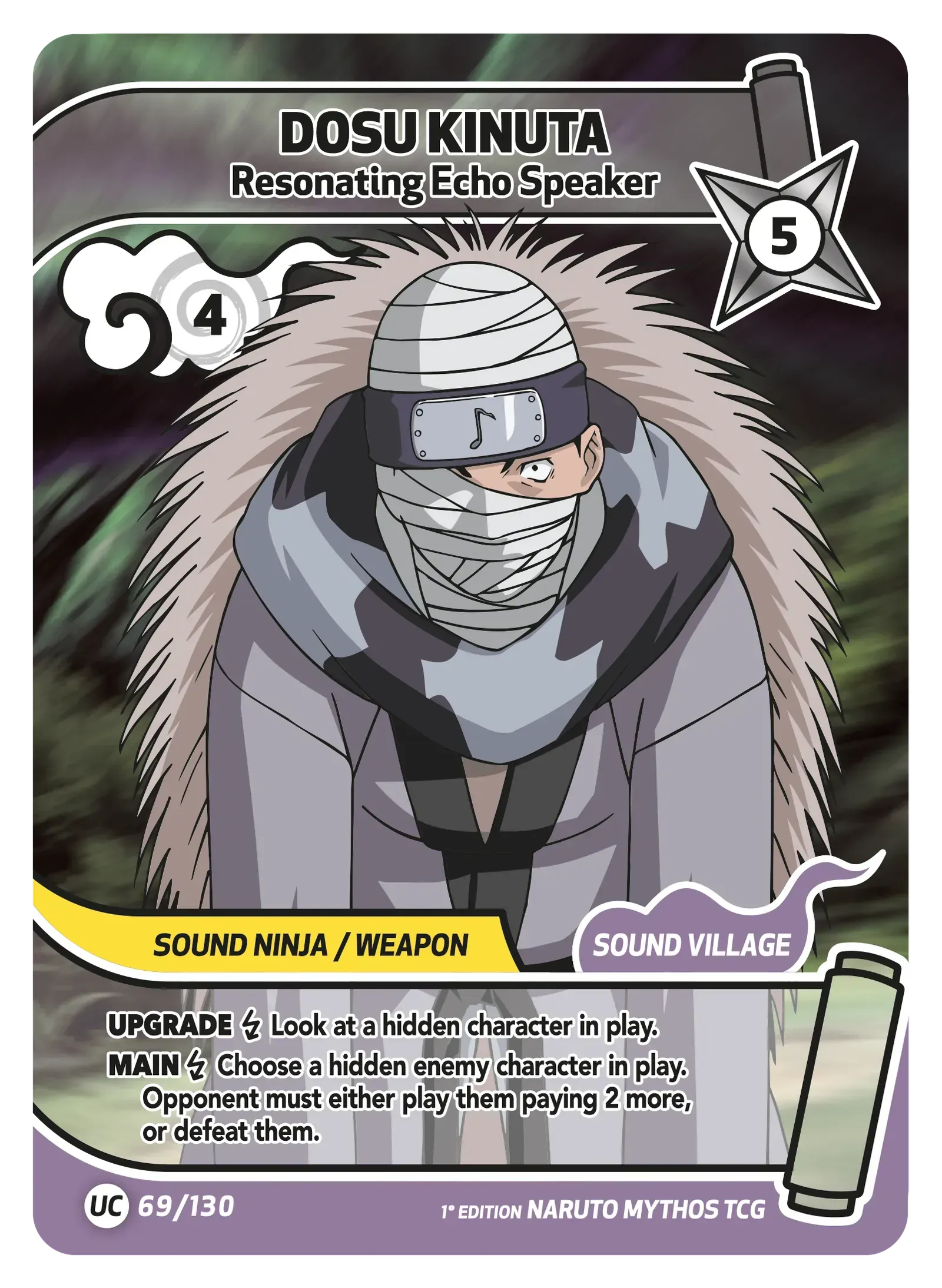 Dosu Kinuta trading card with masked figure, fur collar, and purple border and stats