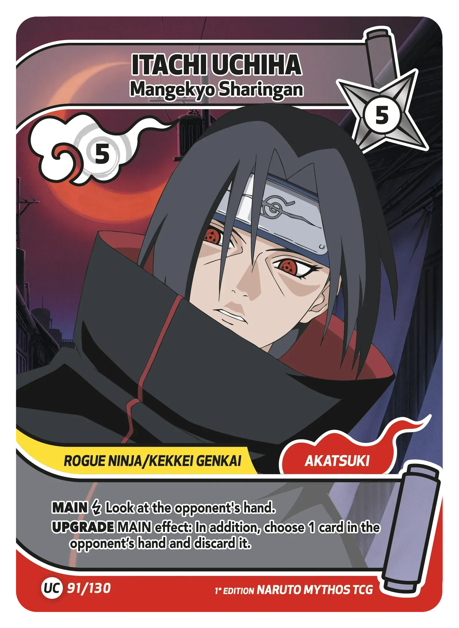 Itachi Uchiha anime card with close-up portrait, red-and-black Akatsuki theme, and silver/gray border
