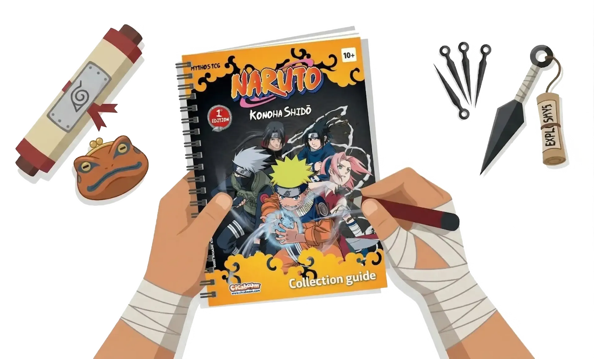 Hands holding a colorful comic book, surrounded by art supplies, pencils, scissors, and a paint tube.