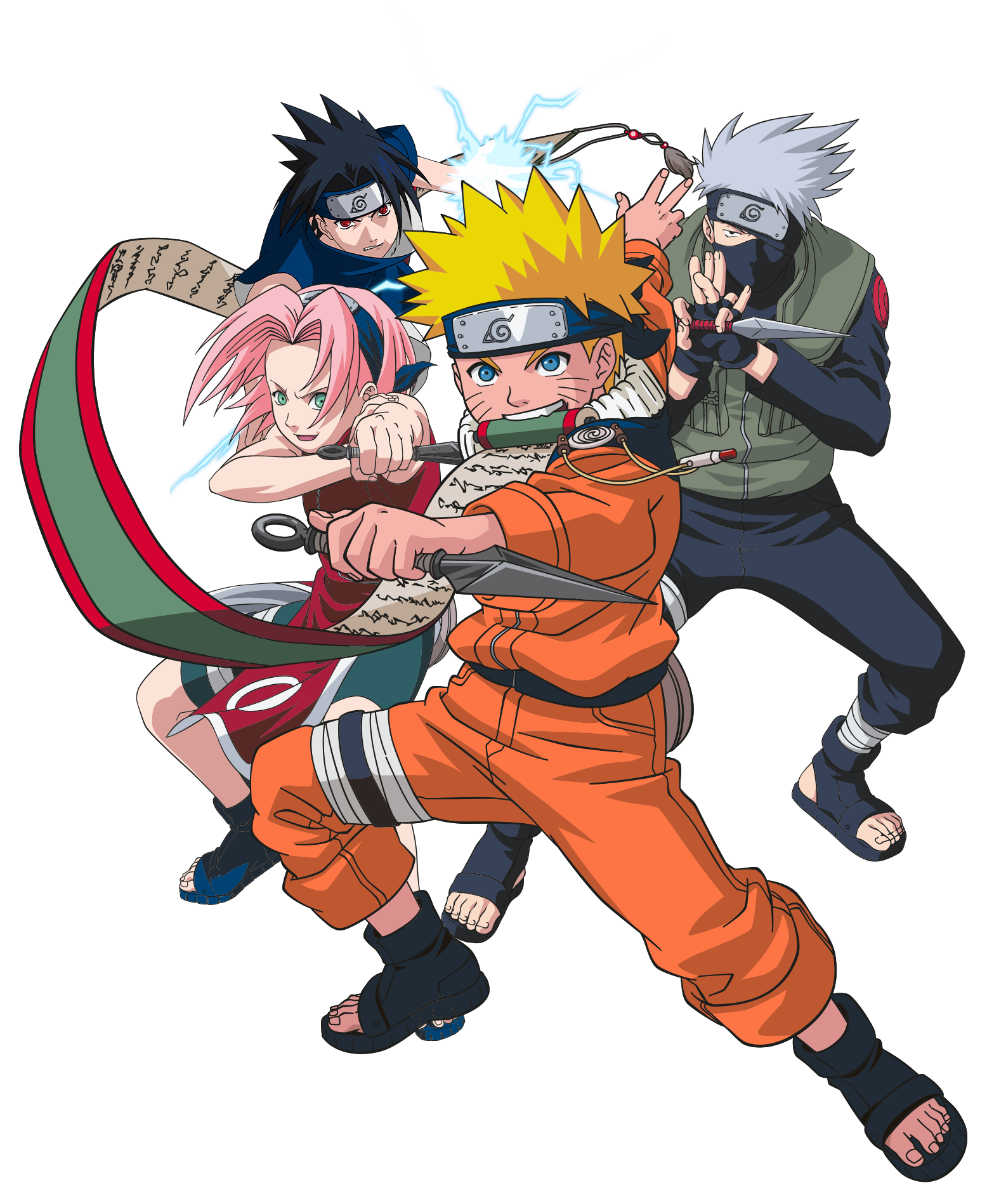 Naruto, Sakura, Sasuke, and Kakashi in dynamic battle poses on a white background