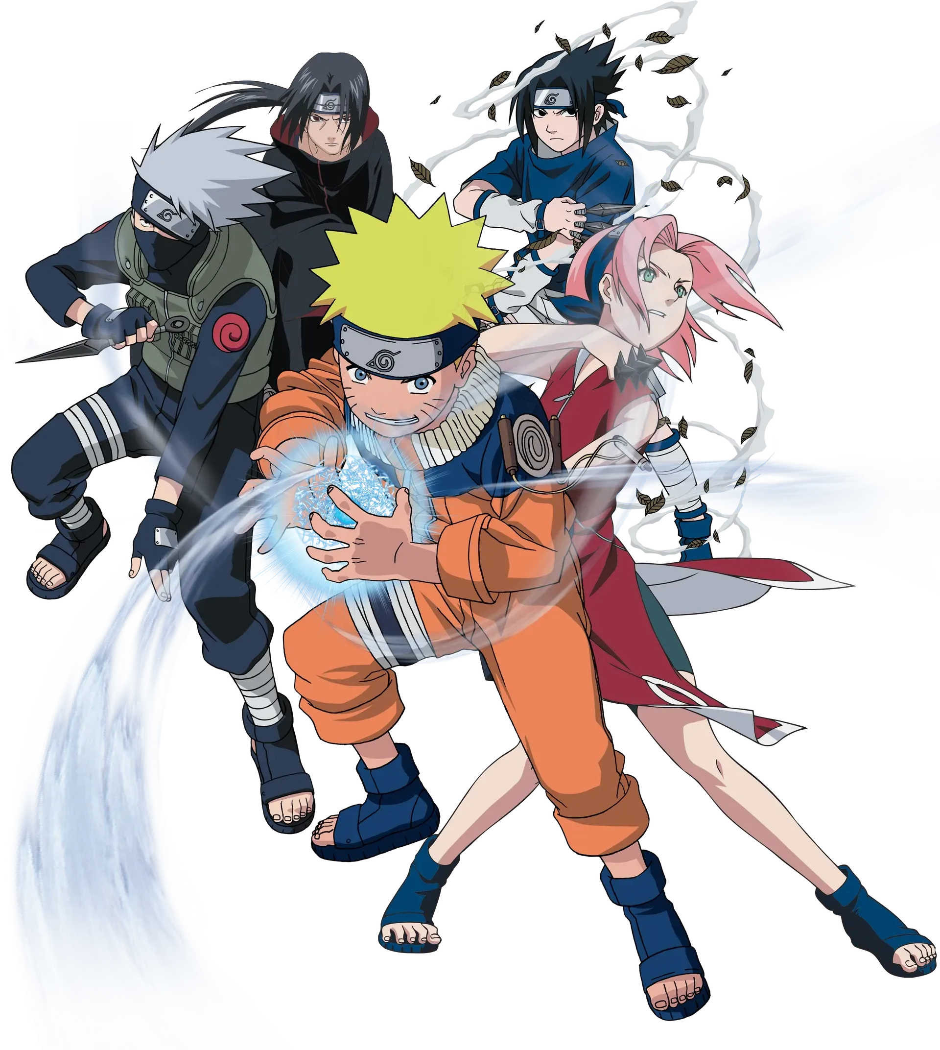 Naruto, Sasuke, Sakura, and Kakashi in dynamic action poses on a white background.