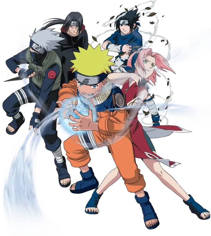 Naruto anime characters in dynamic battle poses on a white background