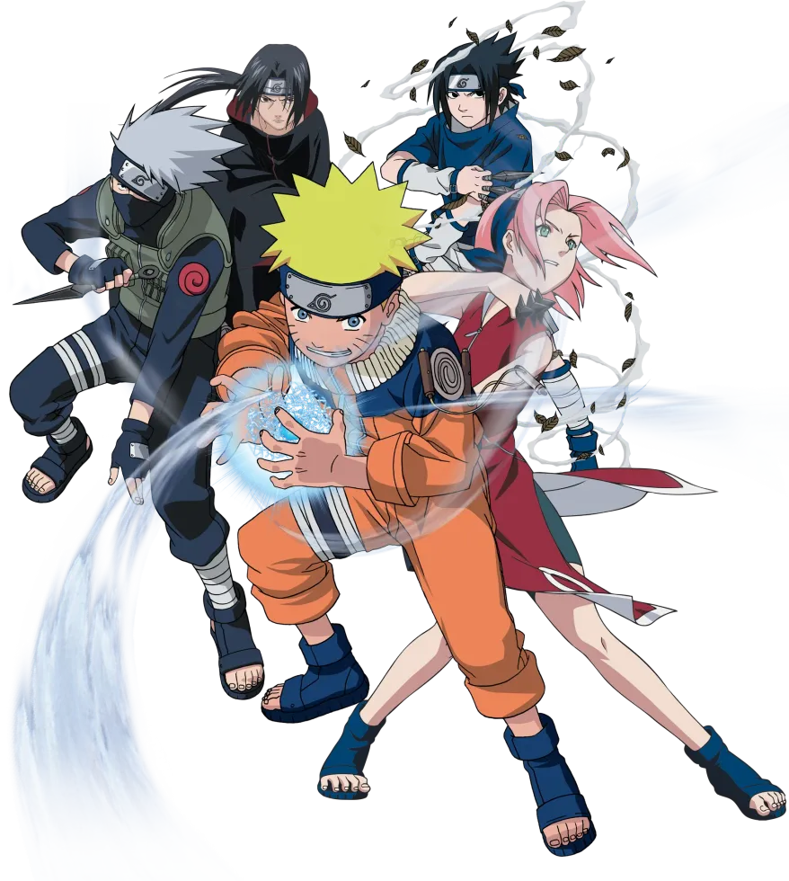 Naruto anime characters in dynamic battle poses on a white background