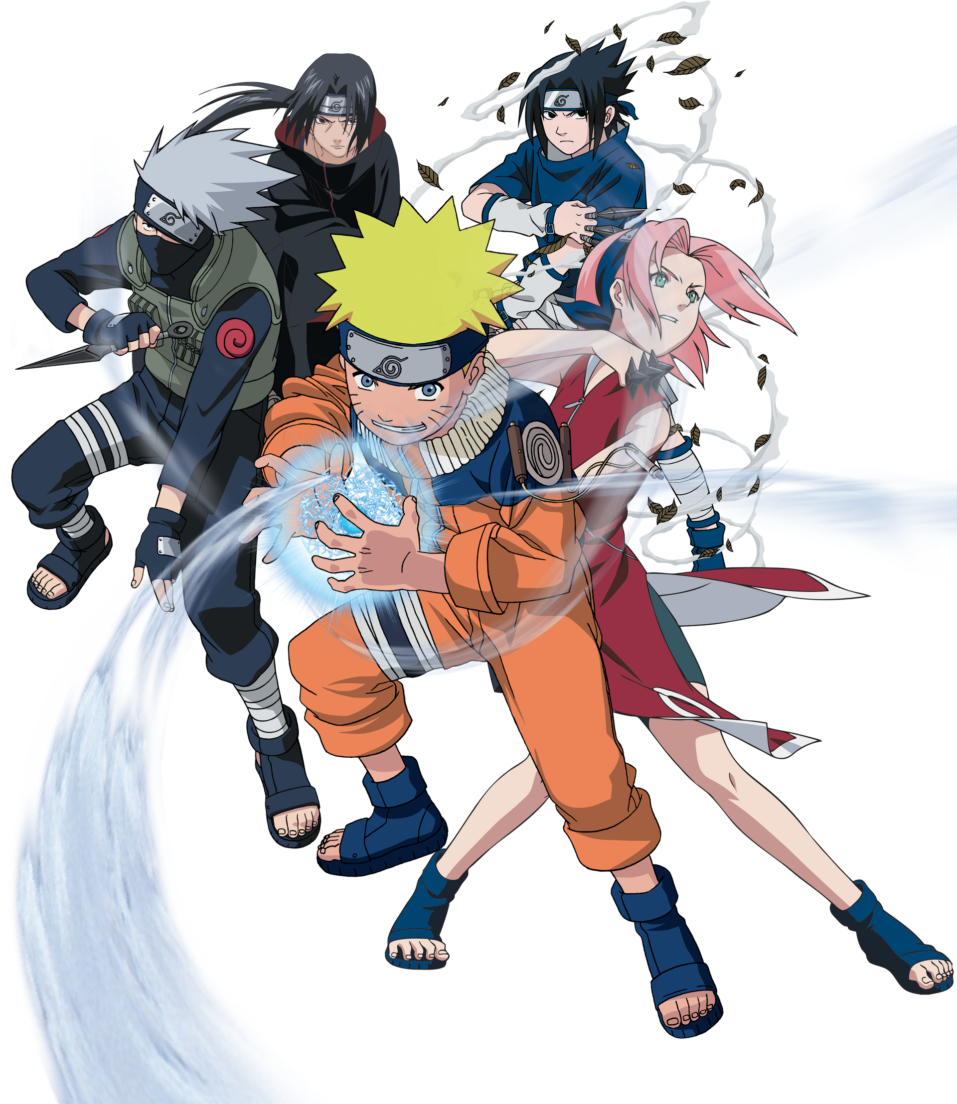Naruto, Sasuke, and Sakura in action poses, surrounded by swirling energy trails