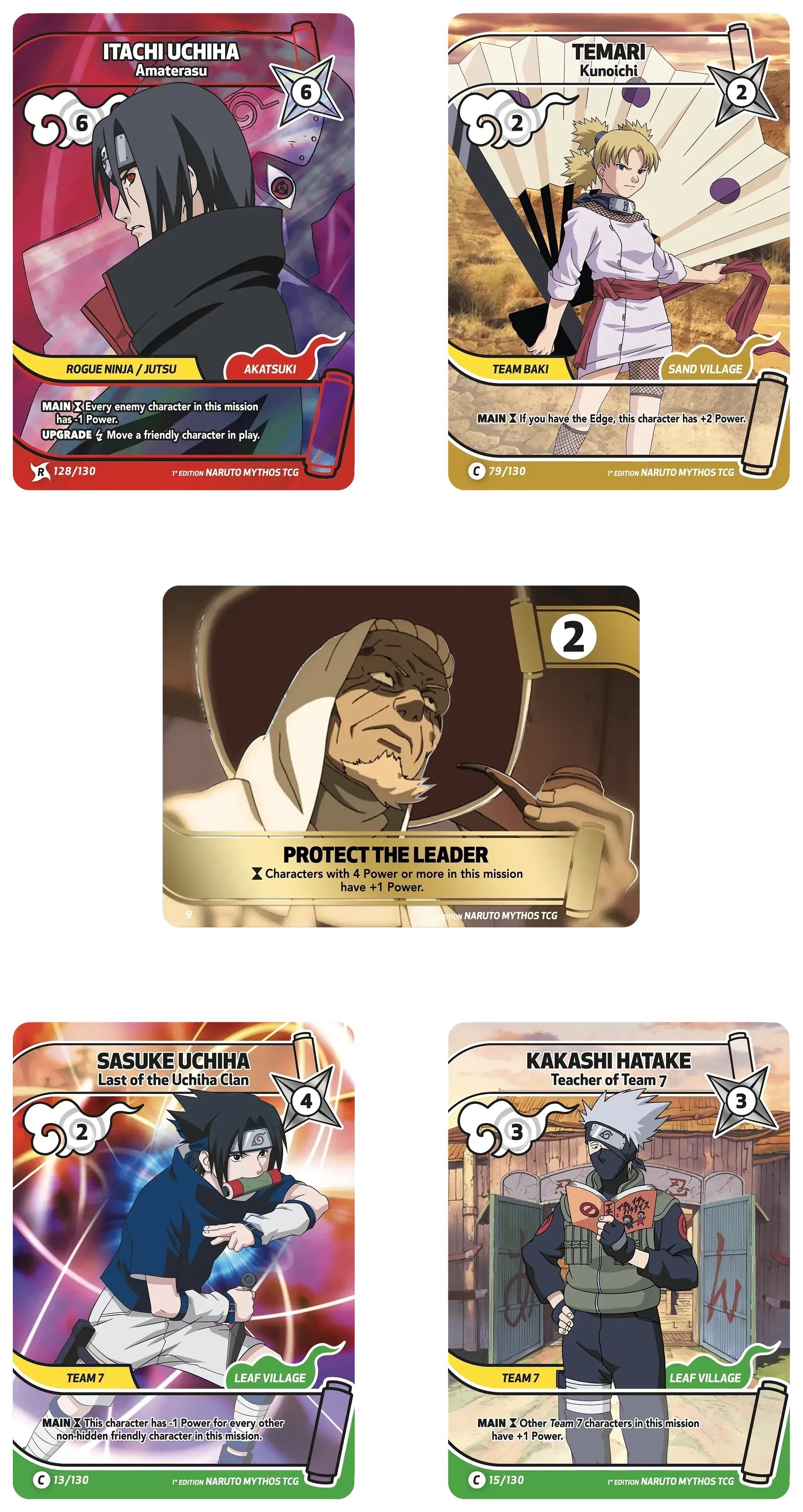 Five anime-style trading cards arranged in a collage on a white background.