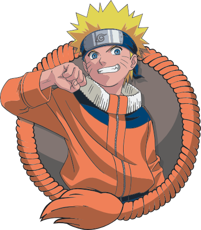 Anime character Naruto in orange jumpsuit, smiling and posing with a coiled orange rope