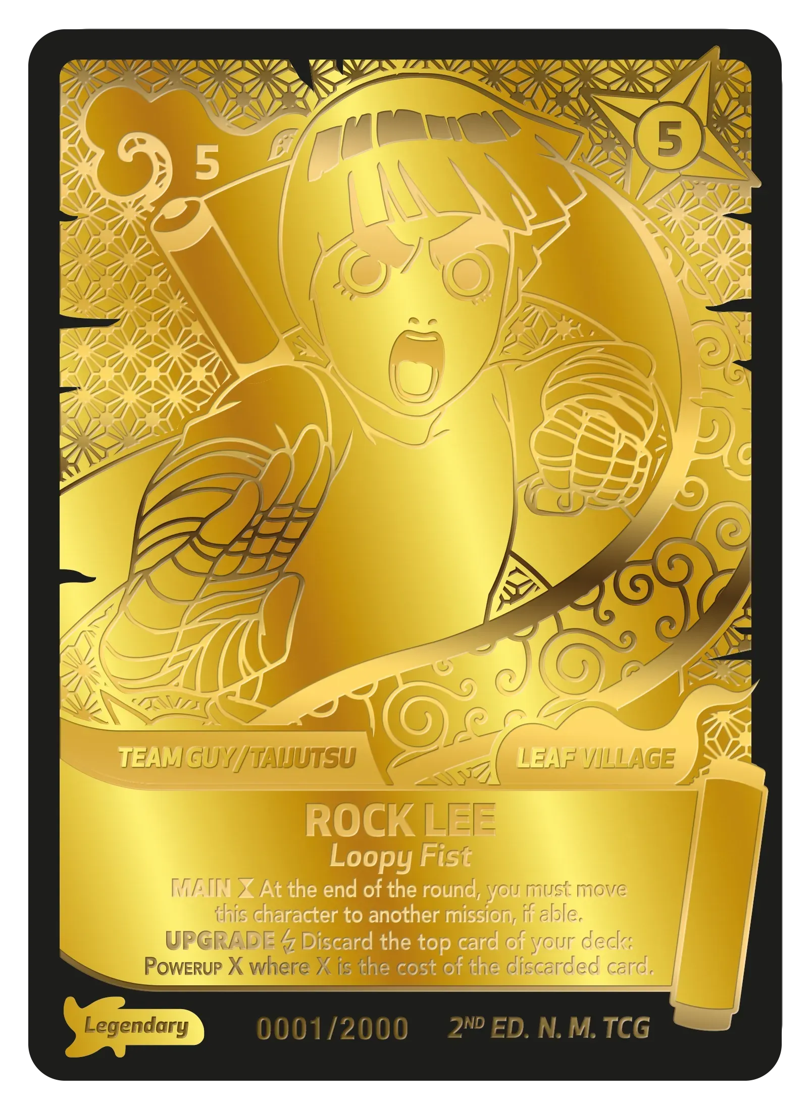 Gold Pokémon trading card of Rockruff with embossed artwork and text on a shiny background