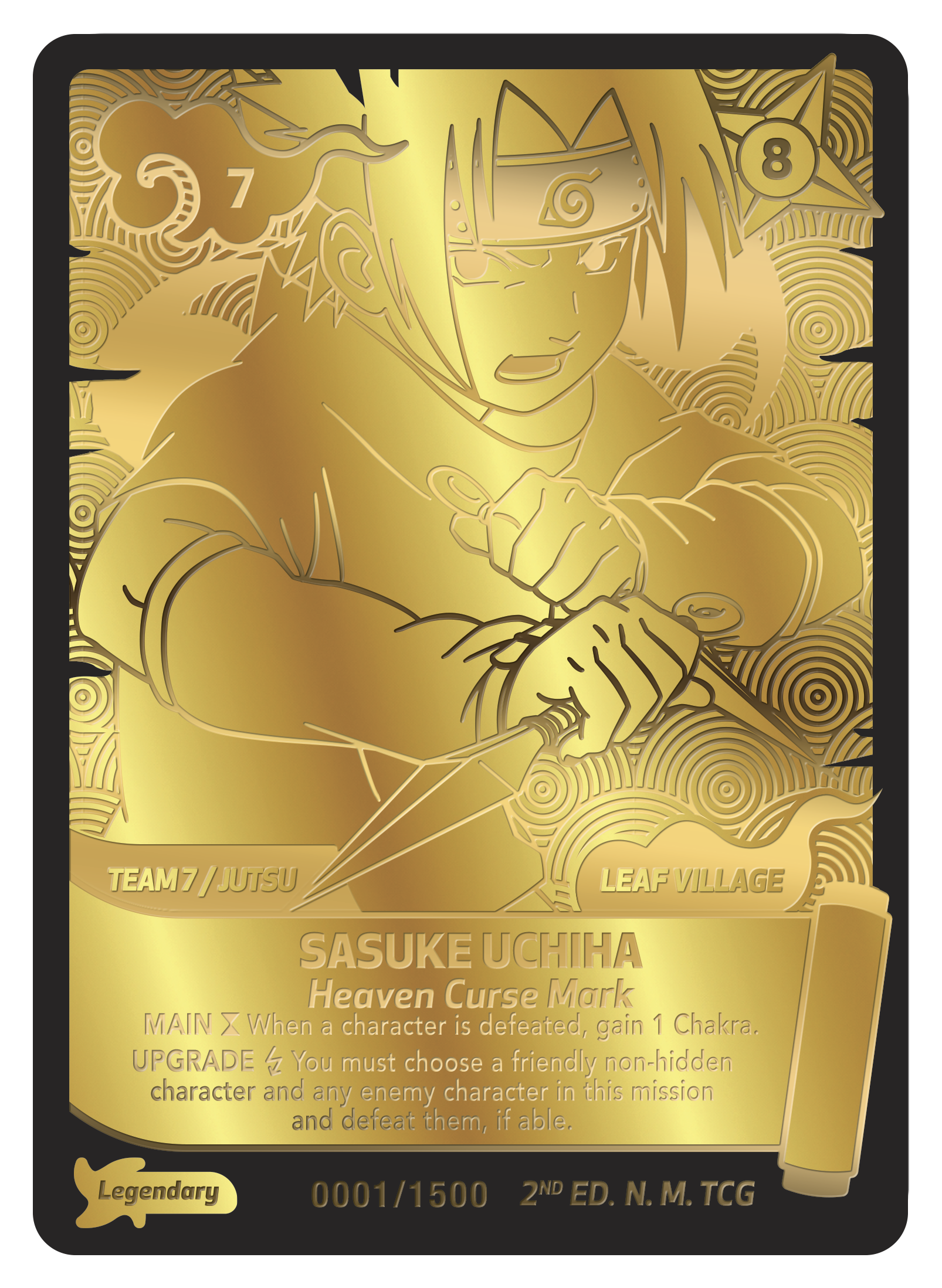 Gold-colored collectible card featuring Sasuke in an action pose with etched anime artwork and text.
