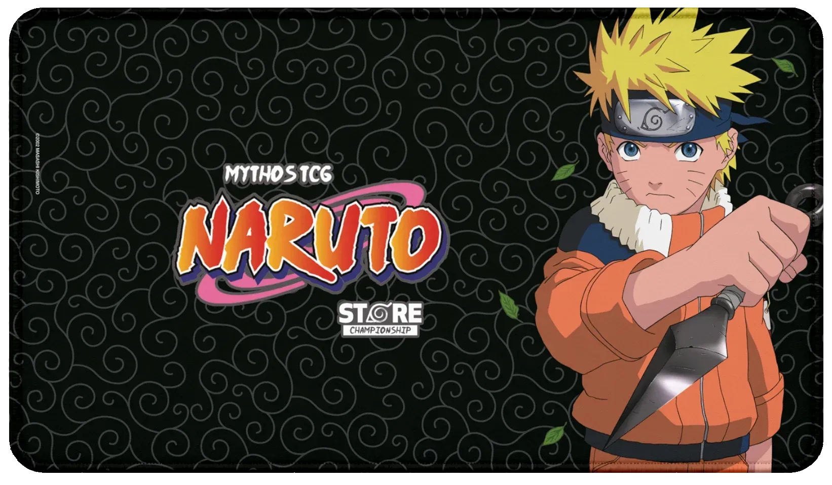 Playmat del Store Championship con NARUTO empuñando un kunai sobre fondo negro