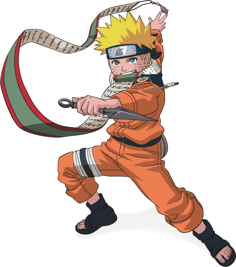 Naruto in orange ninja outfit, striking a battle pose with a long wrapped scarf.