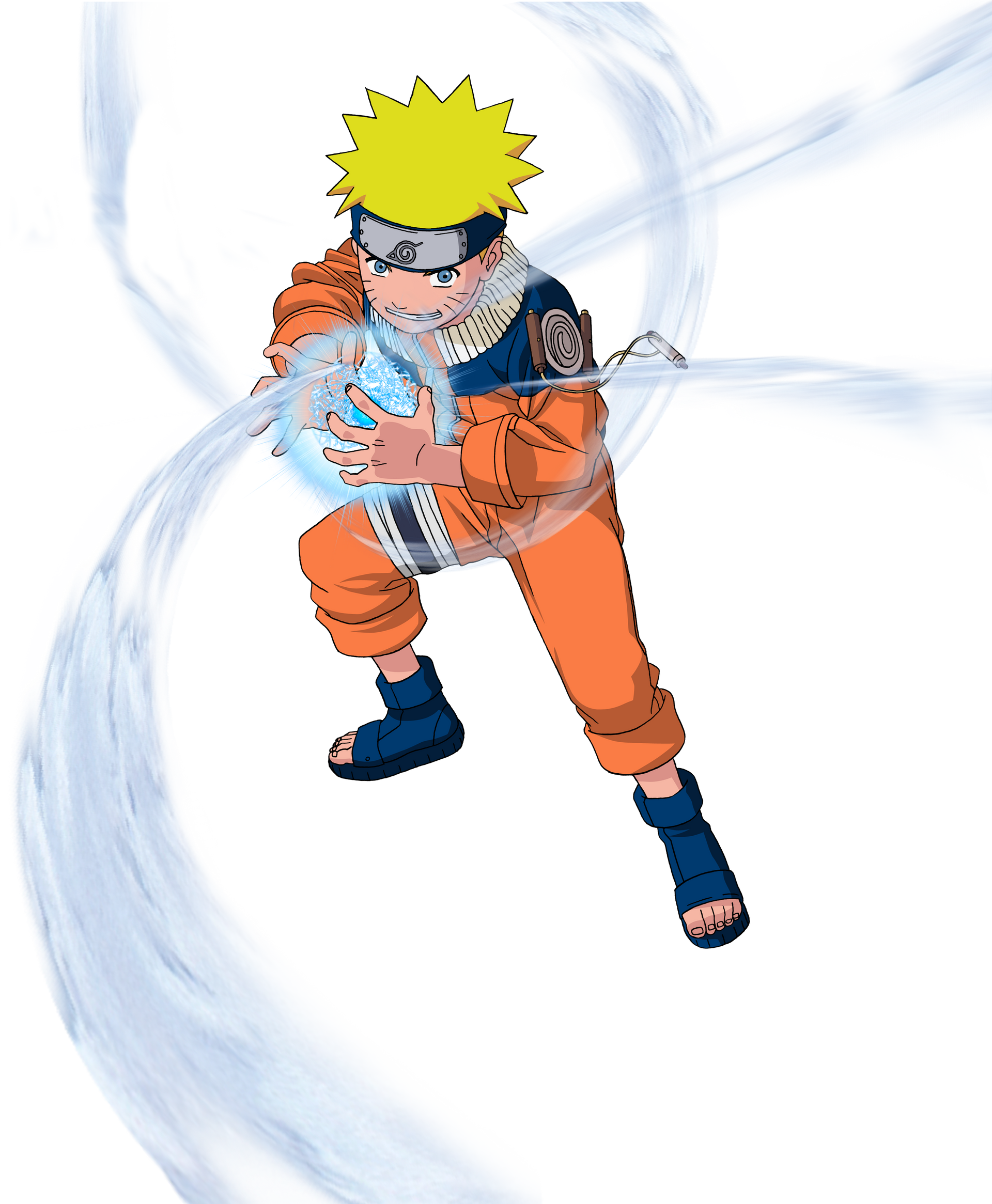 Anime character in orange outfit surrounded by swirling blue energy