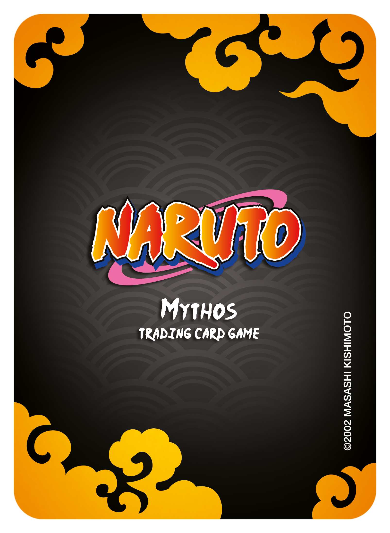 Naruto Mythos card game cover with orange cloud motifs on a dark background